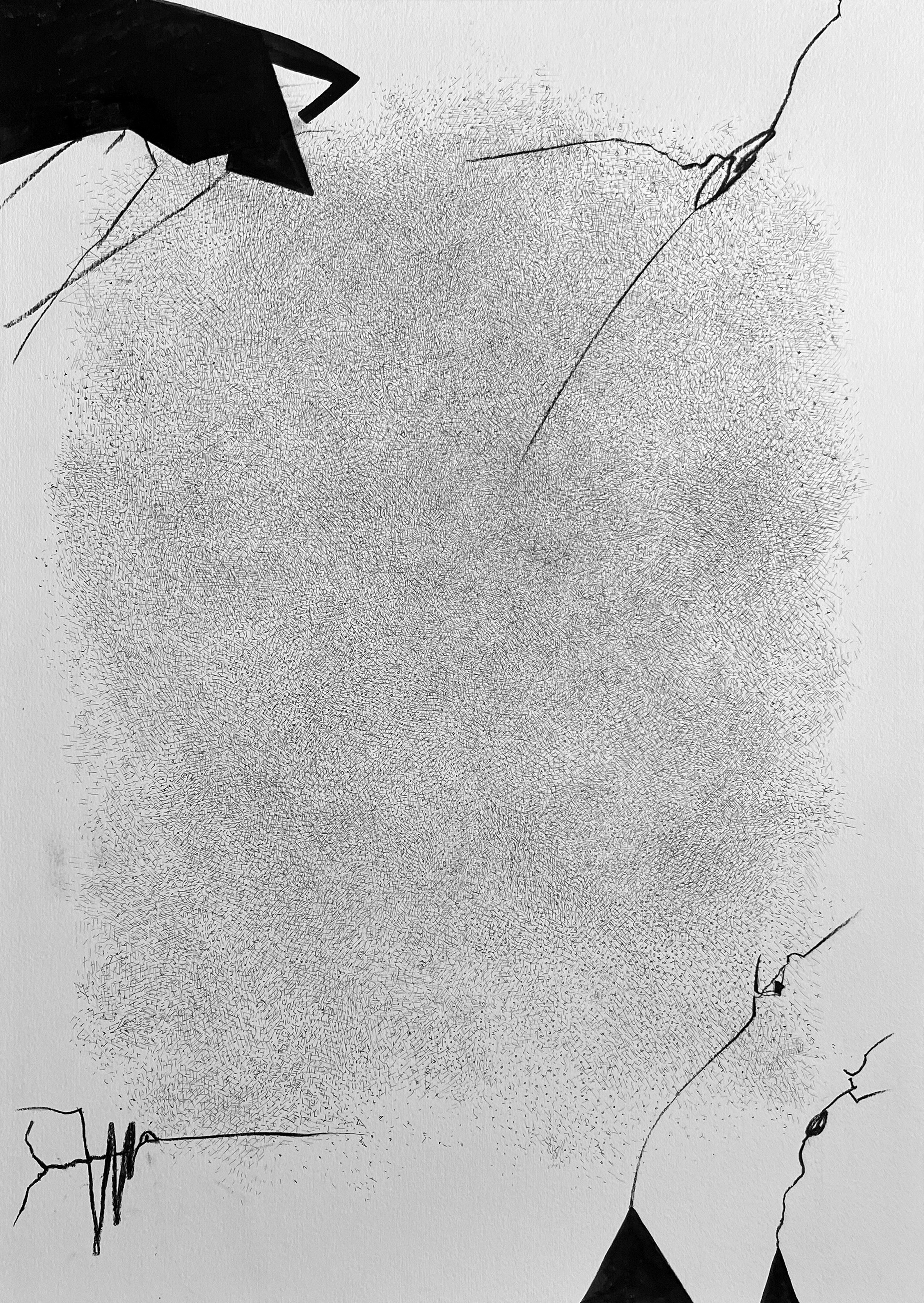 Formes abstraites noires et blanches avec des lignes sur fond blanc.