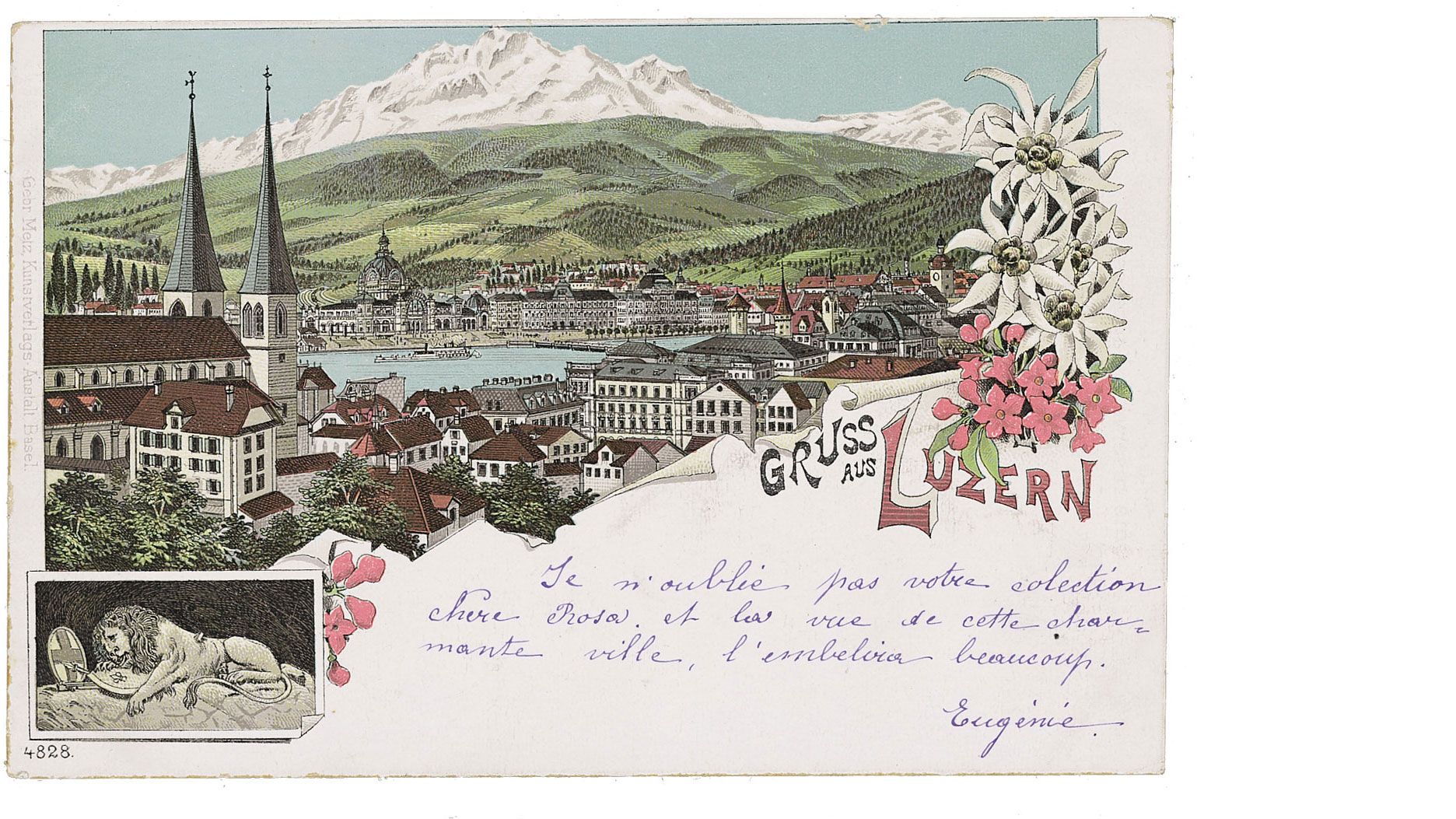 Carte postale de 1900 environ avec photo et inscription «Salutations de Lucerne». Source: gruüder Metz, Kunstverlags-Anstalt Basel (éd.) / Musée de la communication