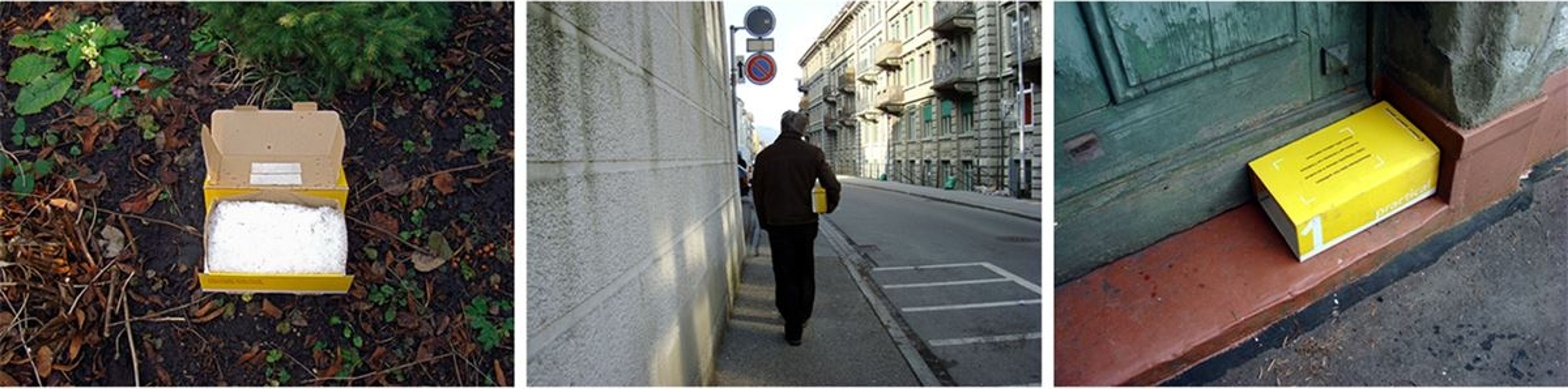 Trois scènes montrent une PostBox jaune à différents endroits dans un environnement urbain.