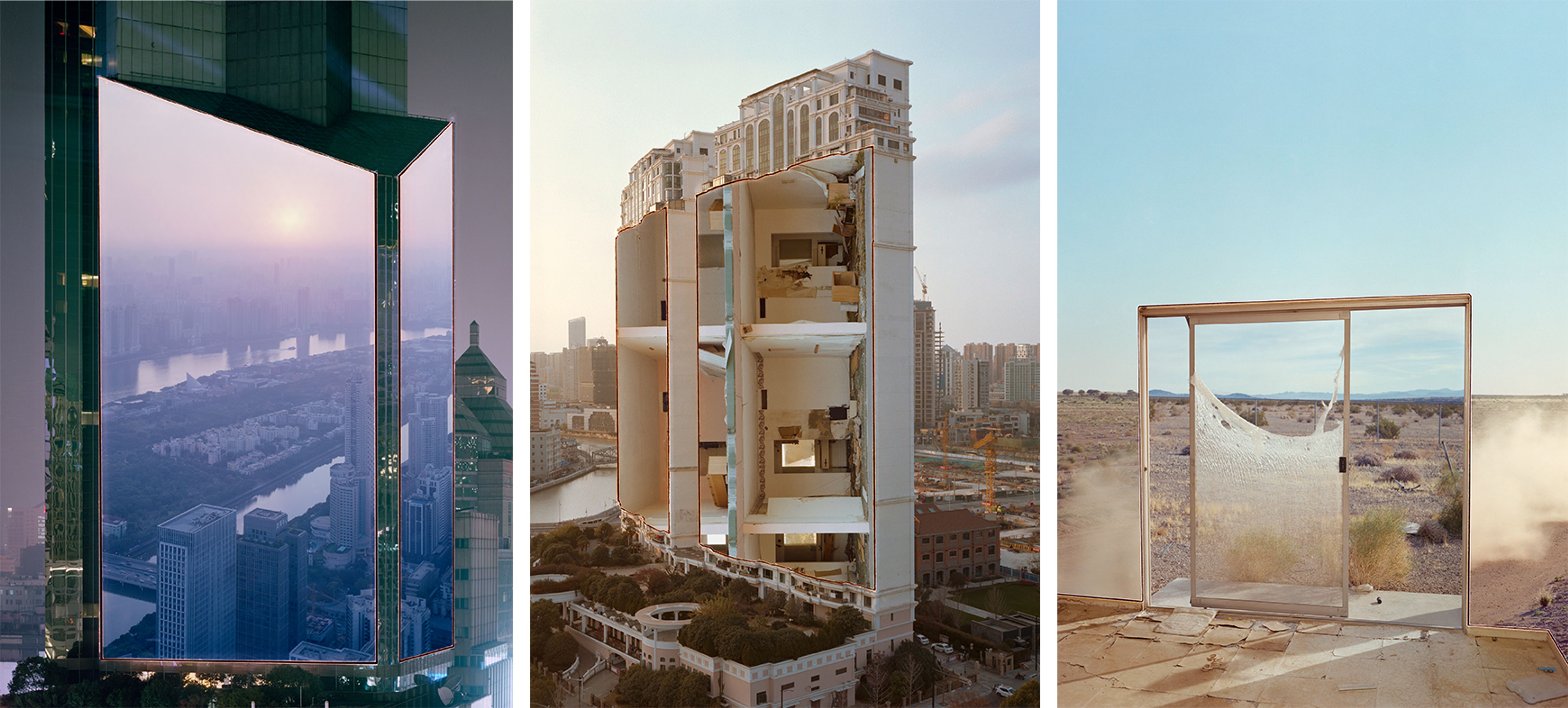 Trois représentations surréalistes de l’architecture dans des environnements urbains et naturels.