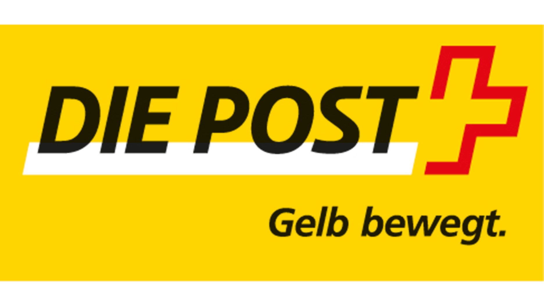 Un fond jaune affiche l’inscription noire « DIE POST », posée sur un soulignement blanc incliné. À droite se trouve un symbole rouge en forme de croix angulaire. En dessous apparaît le slogan en lettres noires : « Gelb bewegt. ».