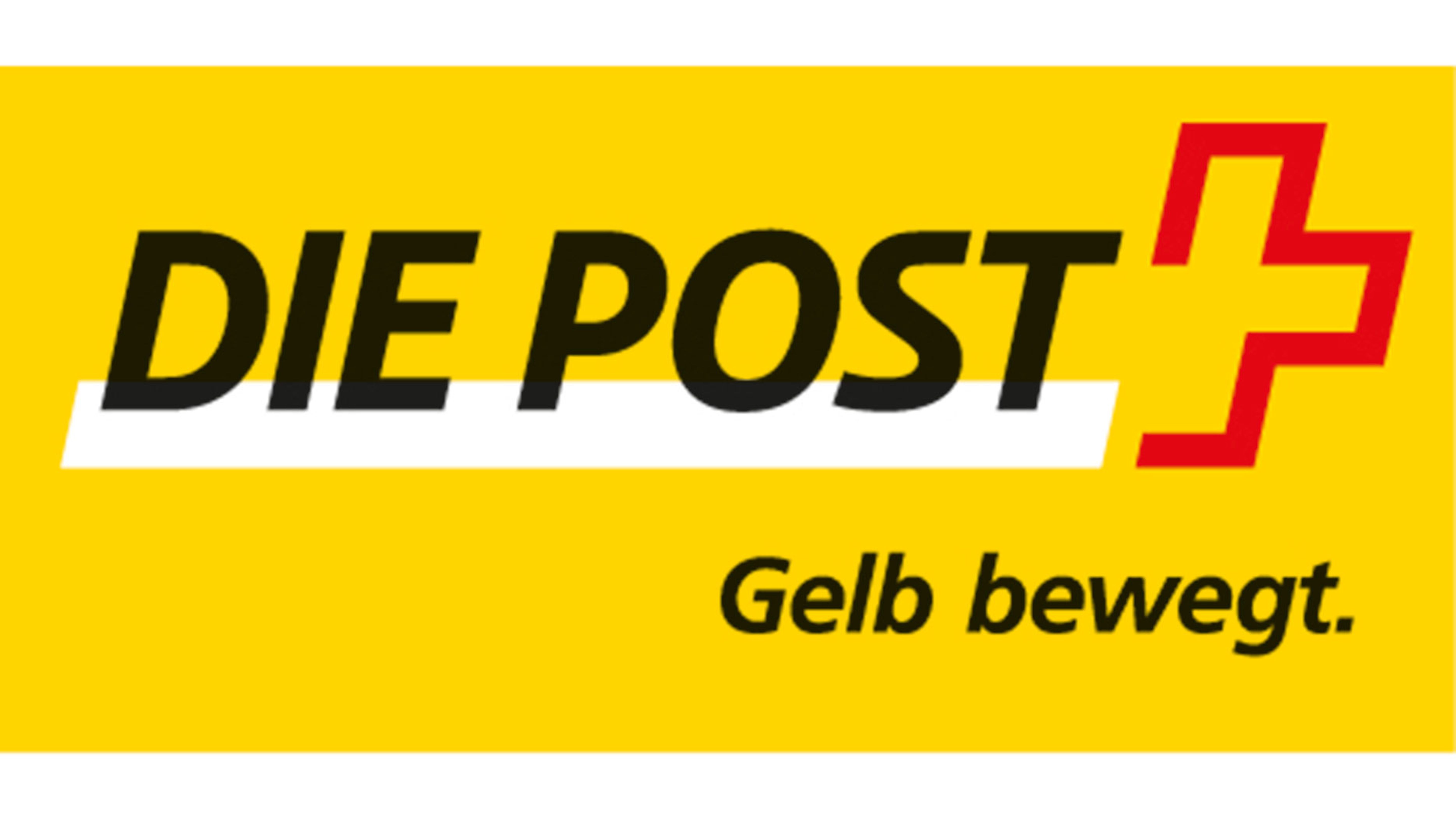 Un fond jaune affiche l’inscription noire « DIE POST », posée sur un soulignement blanc incliné. À droite se trouve un symbole rouge en forme de croix angulaire. En dessous apparaît le slogan en lettres noires : « Gelb bewegt. ».