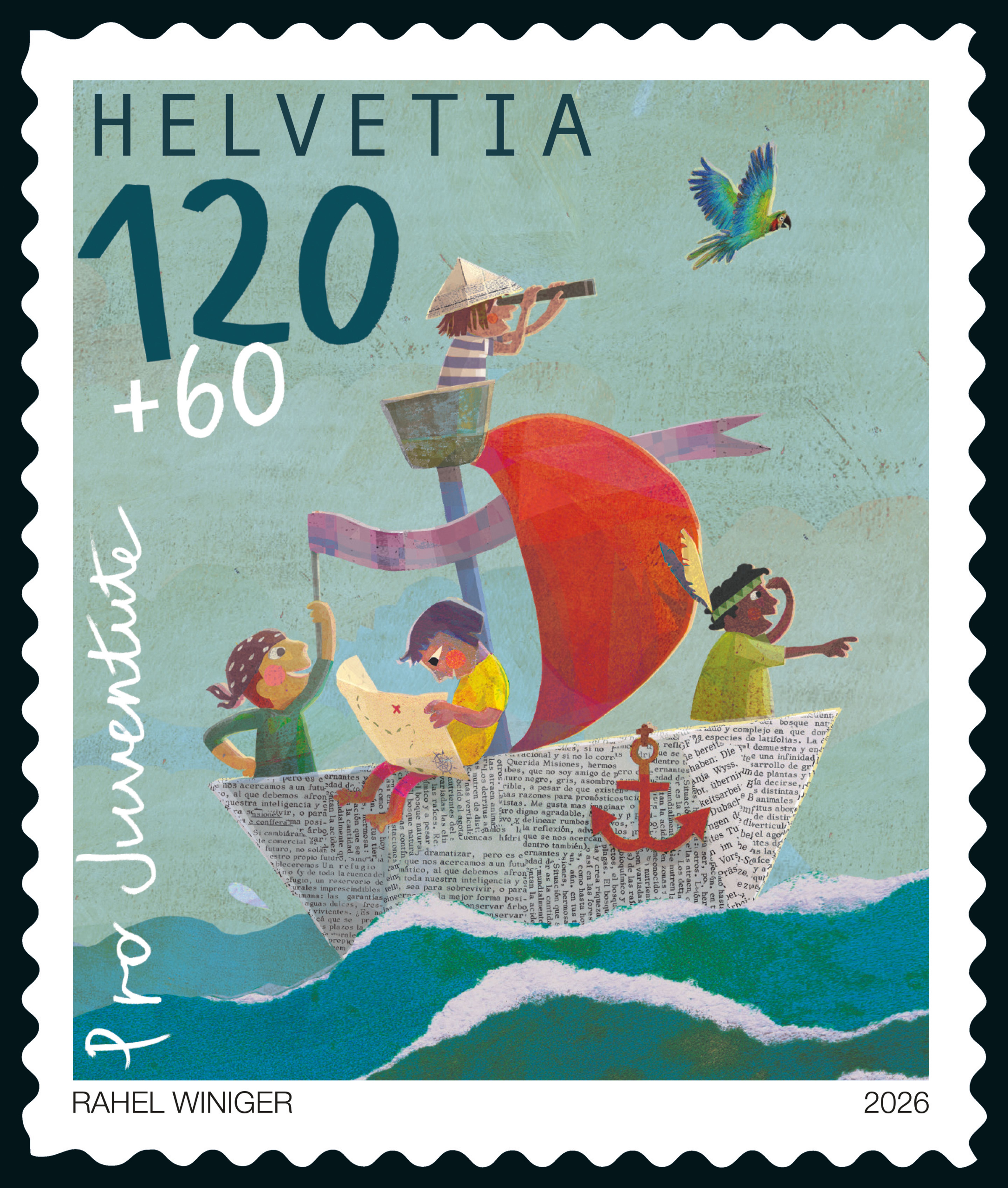 Eine Briefmarke zeigt ein aus Papier gestaltetes Segelschiff mit spielenden Kindern auf einem welligen Meer.