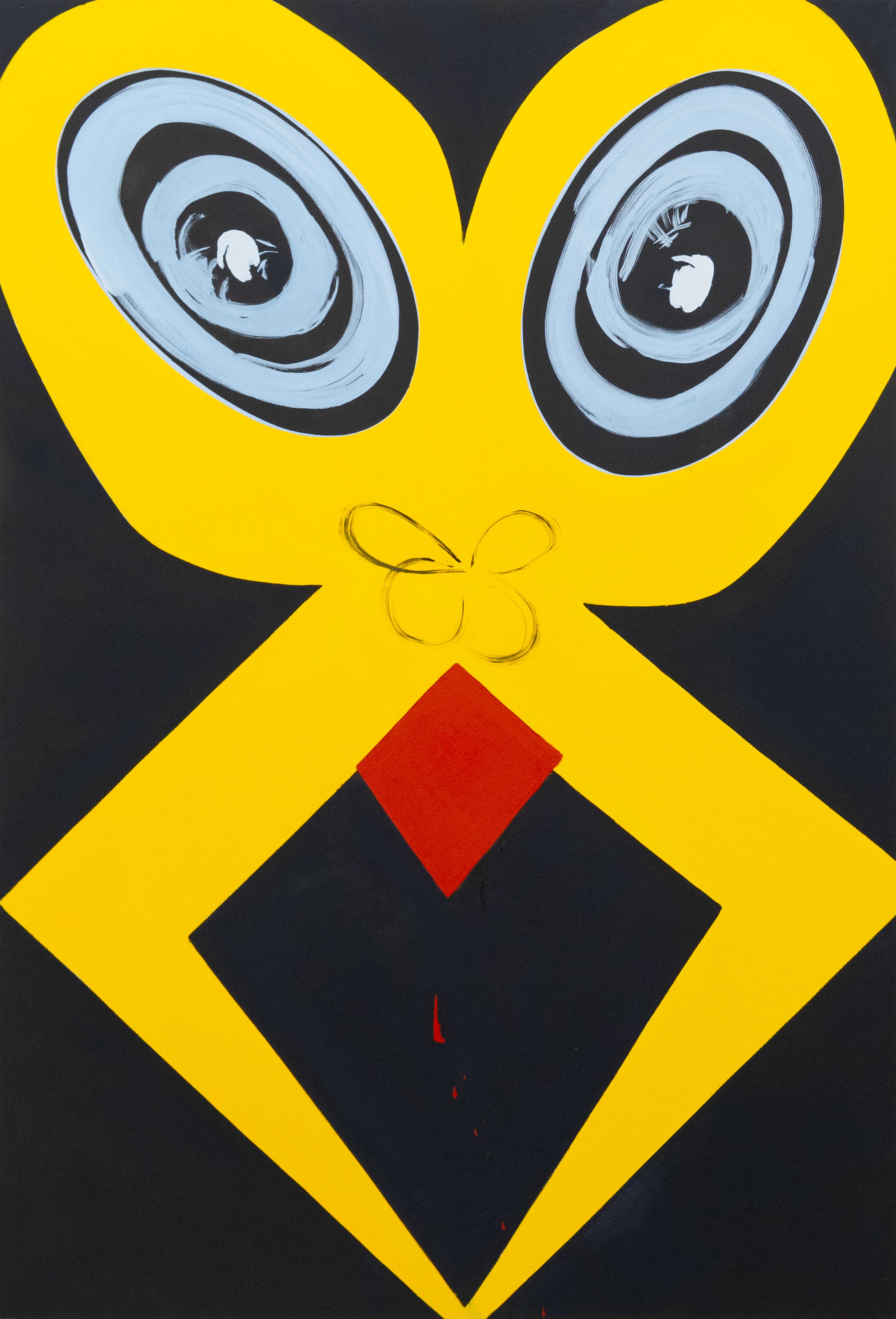 Graphique abstrait dans des tons dominants de jaune et de noir avec deux yeux stylisés.