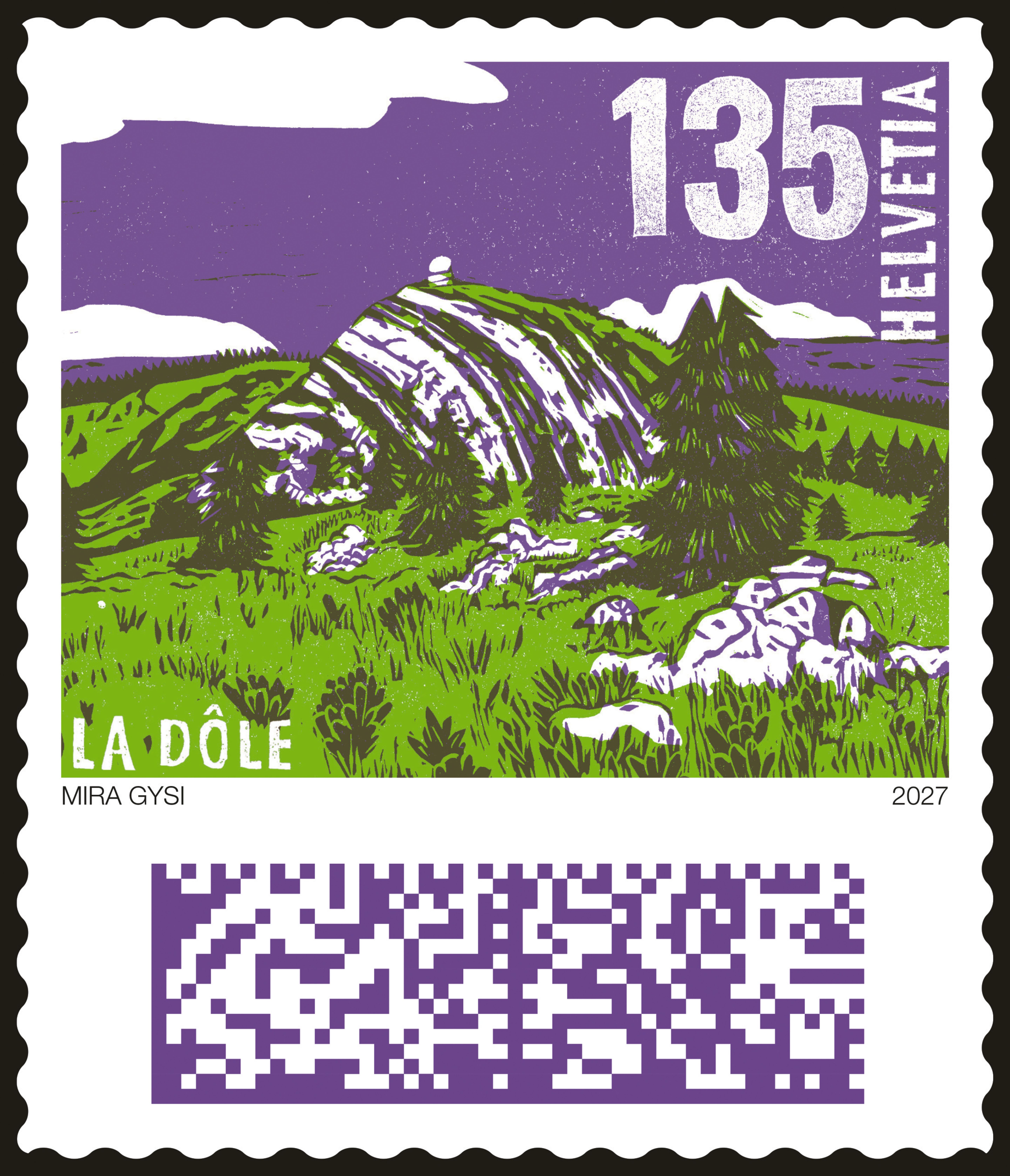 Eine stilisierte Landschaft mit Hügel, Bäumen und einem QR-Code auf einer Briefmarke.
