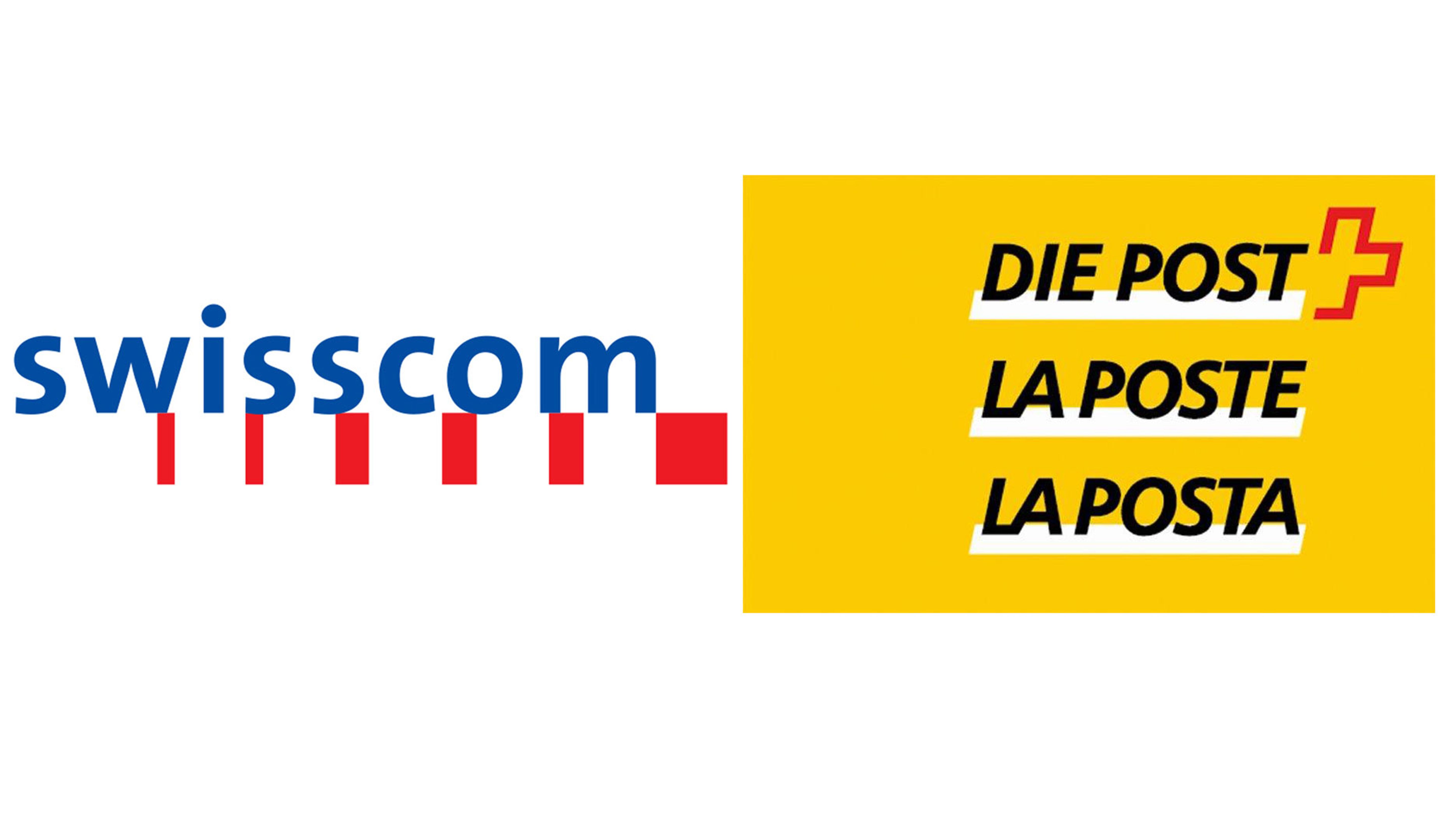 Logo Swisscom en 1998 et logo La Poste en 1999.
