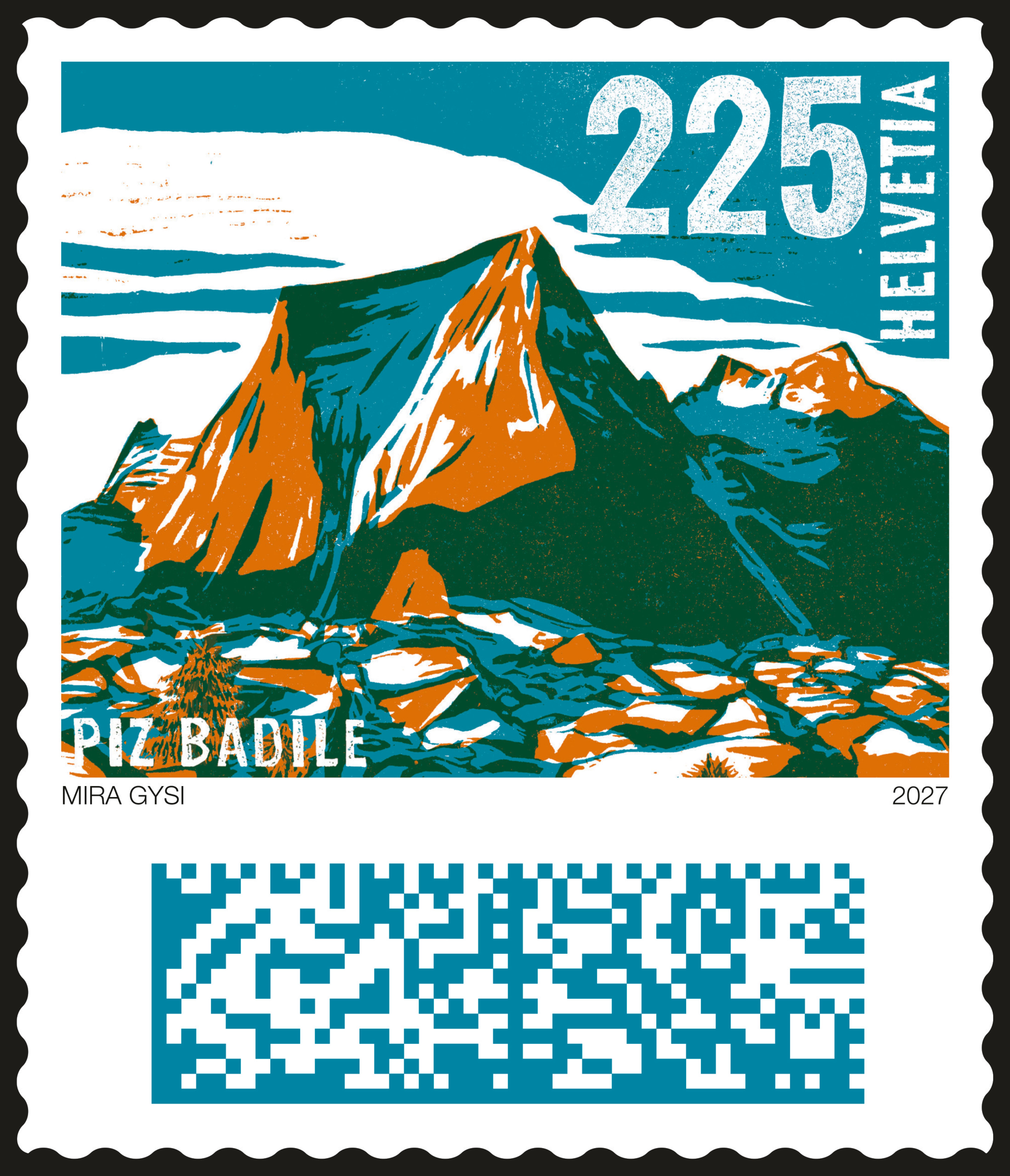 Eine stilisierte Berglandschaft in Türkis und Orange mit Schriftzug "Helvetia" auf einer Briefmarke.