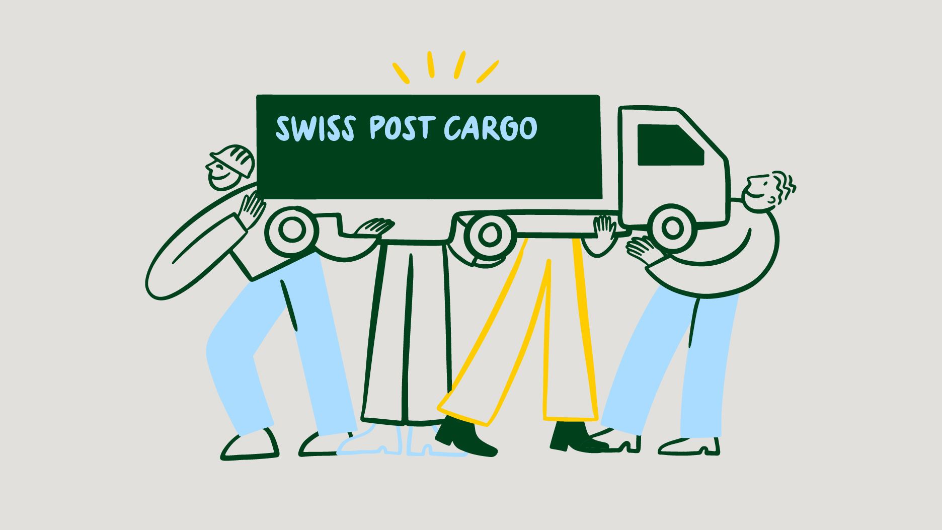 Illustration de trois personnes portant ensemble un camion avec l'inscription «Swiss Post Cargo».