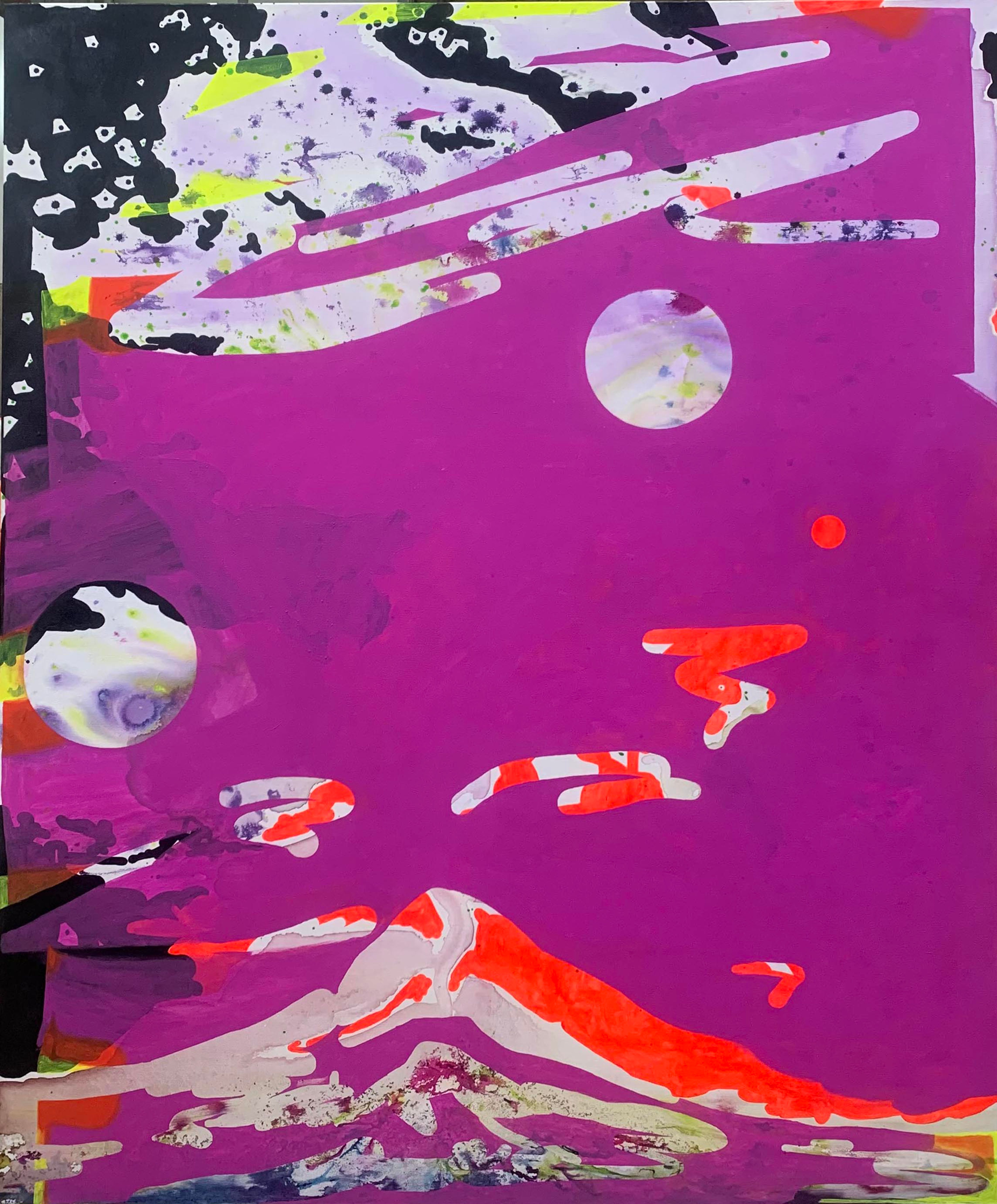 Une image abstraite avec des jeux de couleurs violet, orange et blanc montre un motif de montagne.