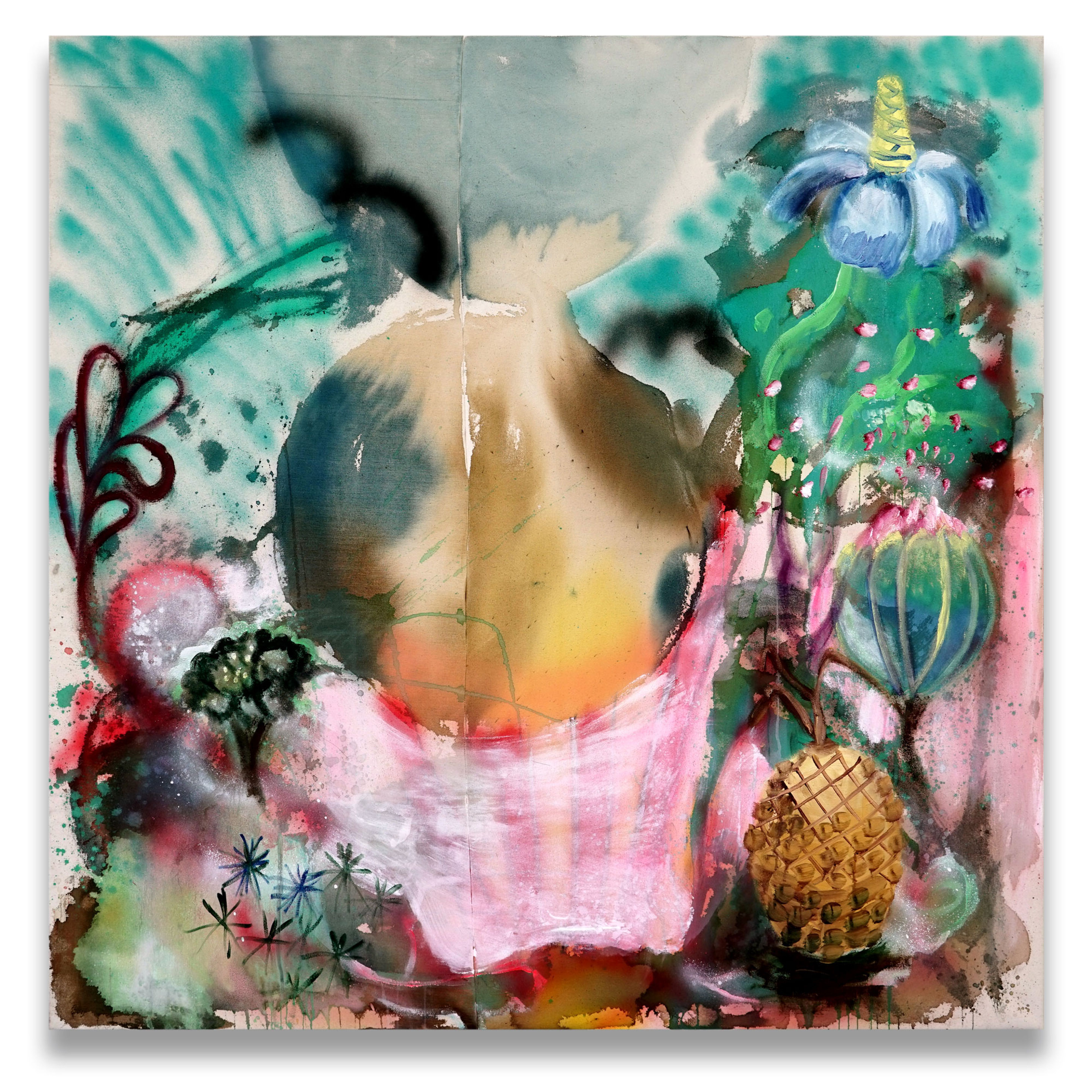 Peinture abstraite avec forme ronde et motifs floraux colorés.