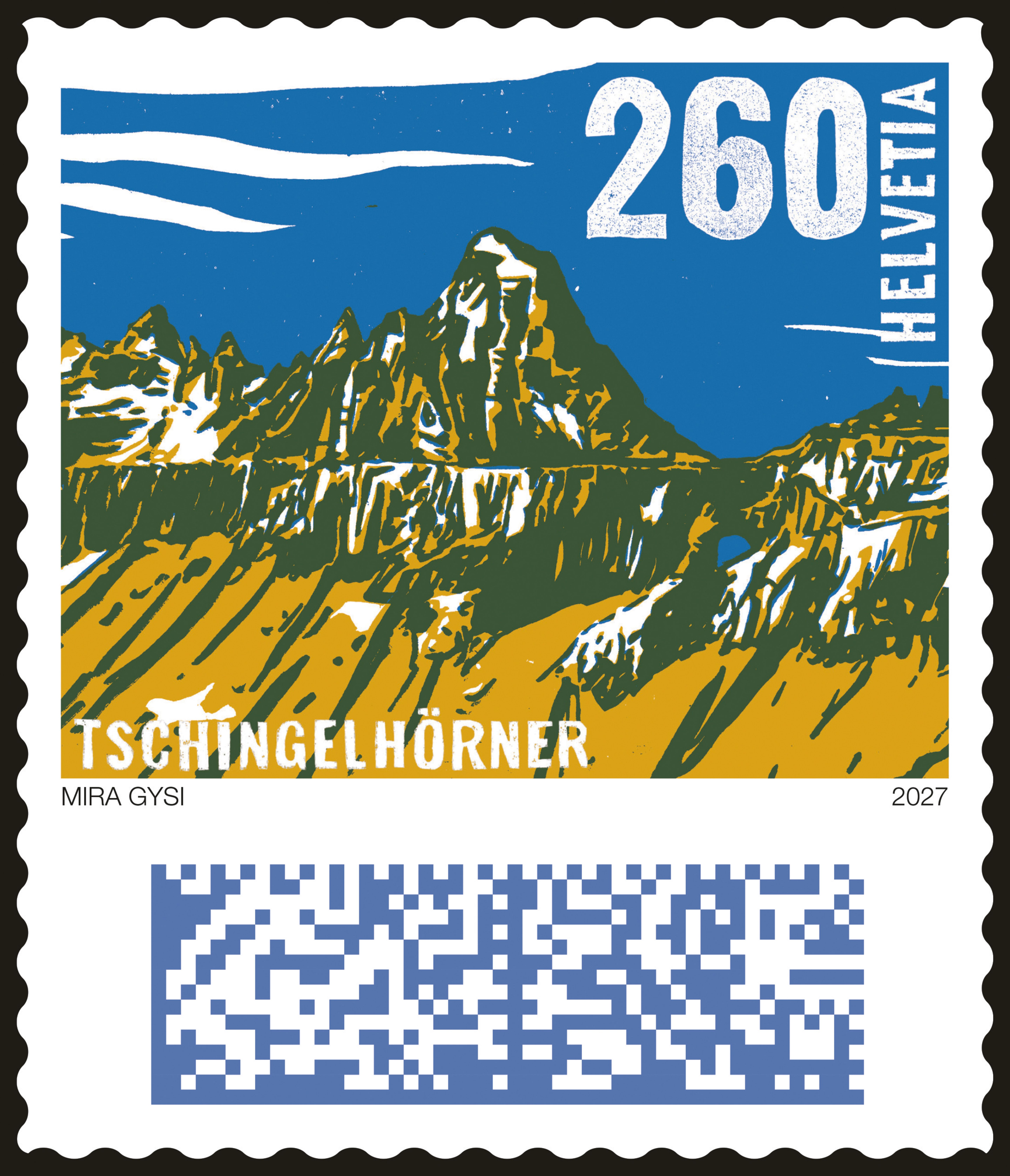 Stilisiertes Bergmotiv mit QR-Code auf einer Schweizer Briefmarke.