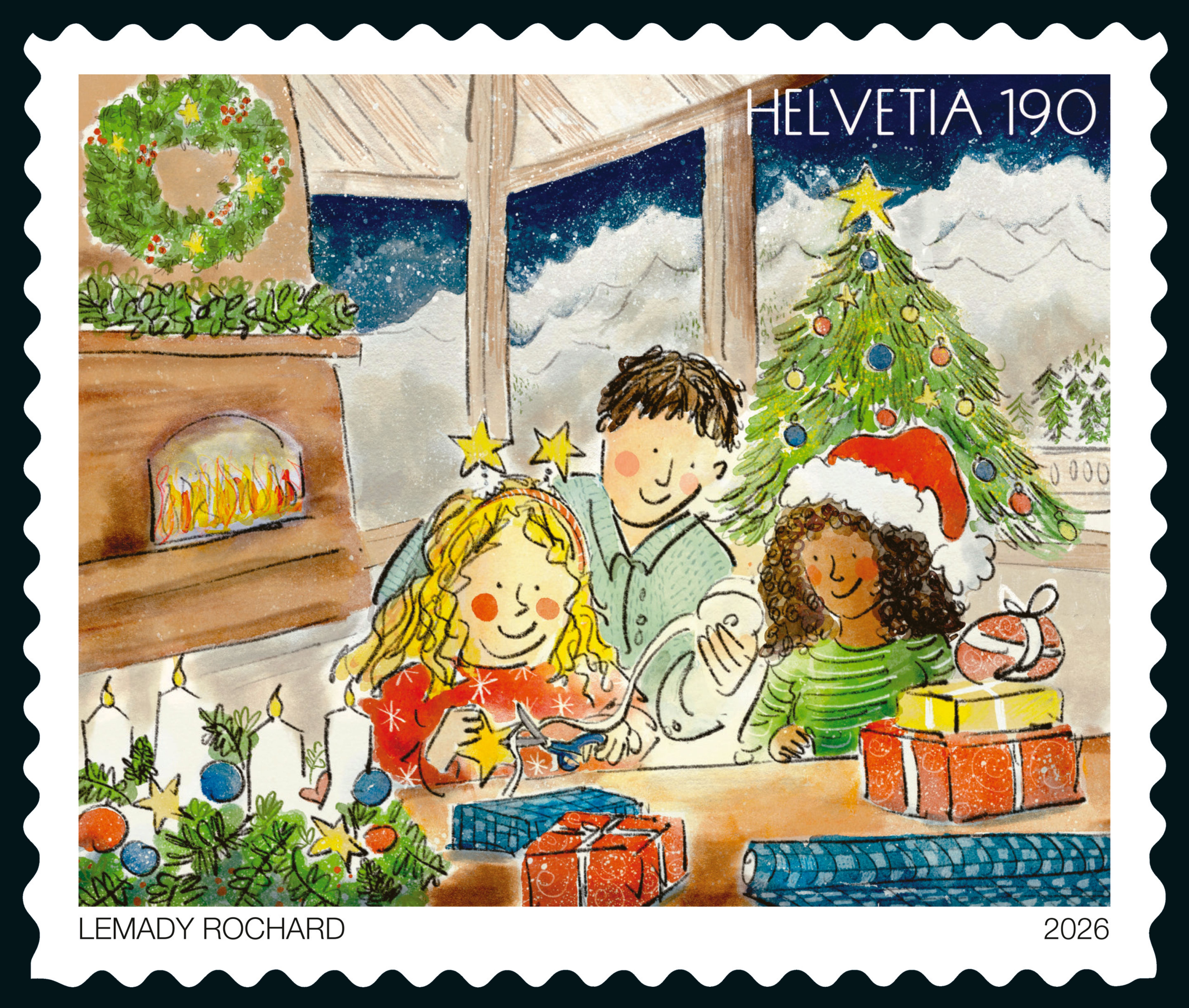 Kinder basteln zusammen bei einem Weihnachtsbaum mit Geschenken.