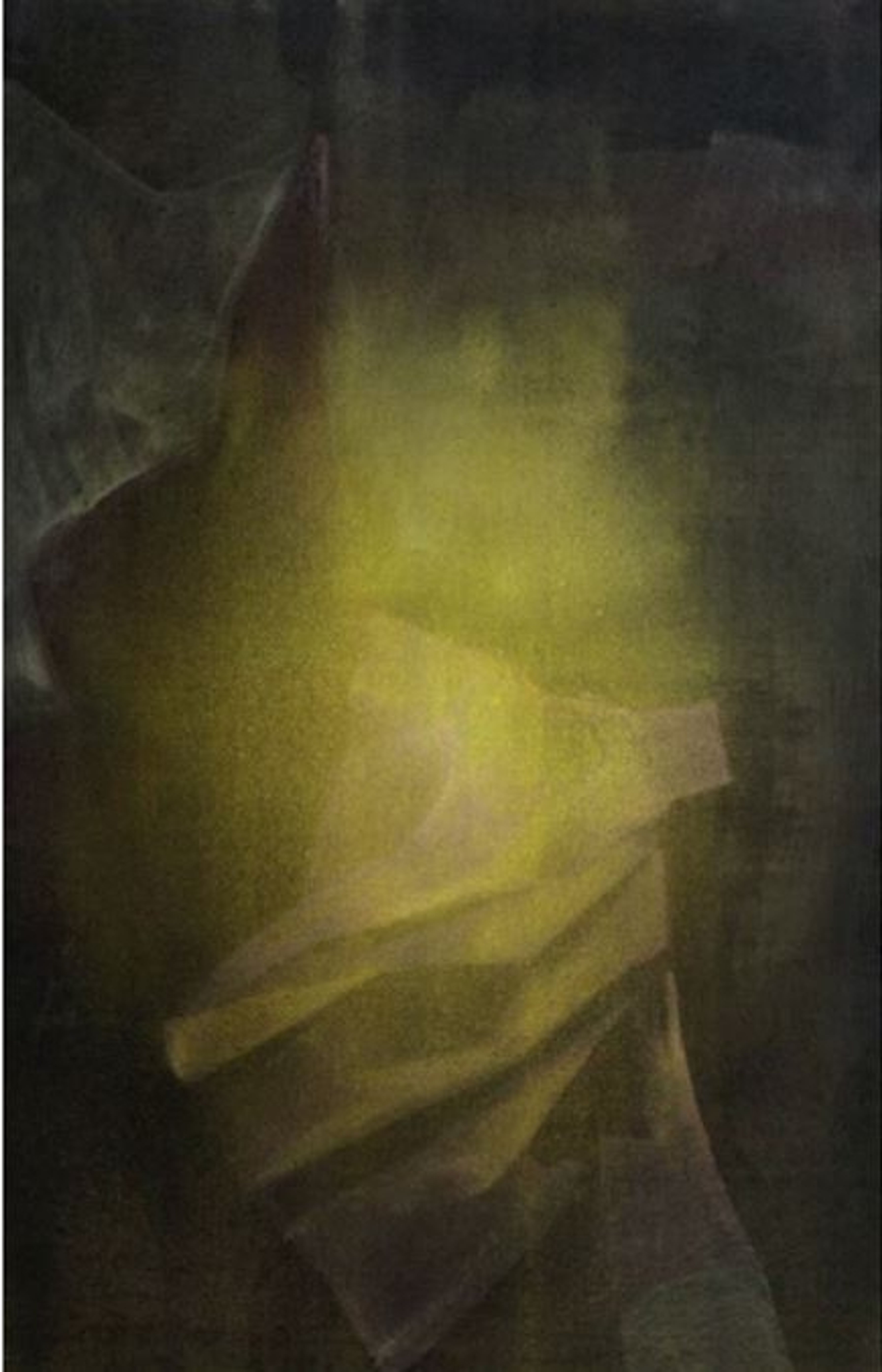 Peinture abstraite avec fond sombre et plis jaunes-verts au centre.