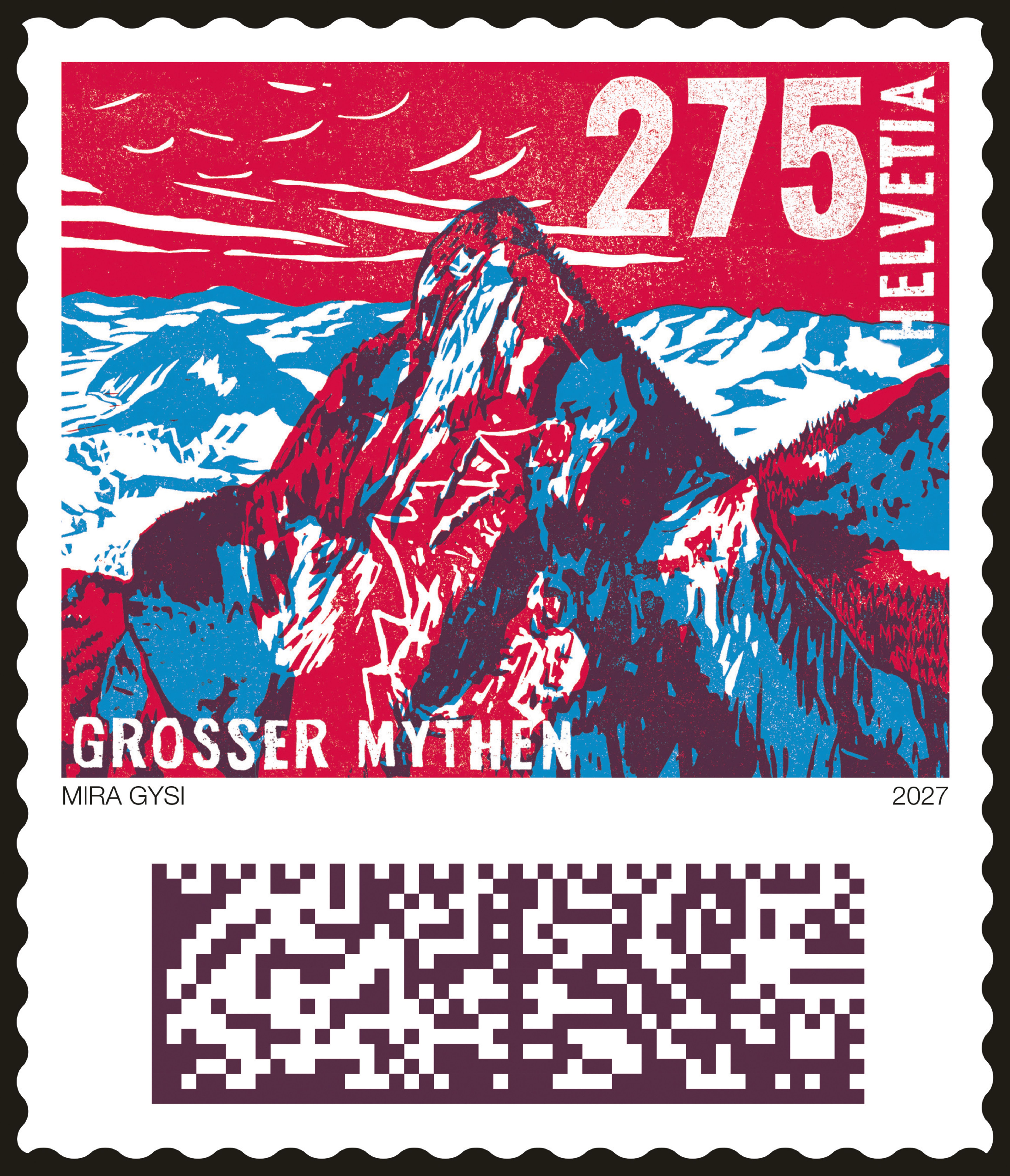 Eine stilisierte Briefmarke zeigt den Grossen Mythen in Rot und Blau mit einem QR-Code unten.
