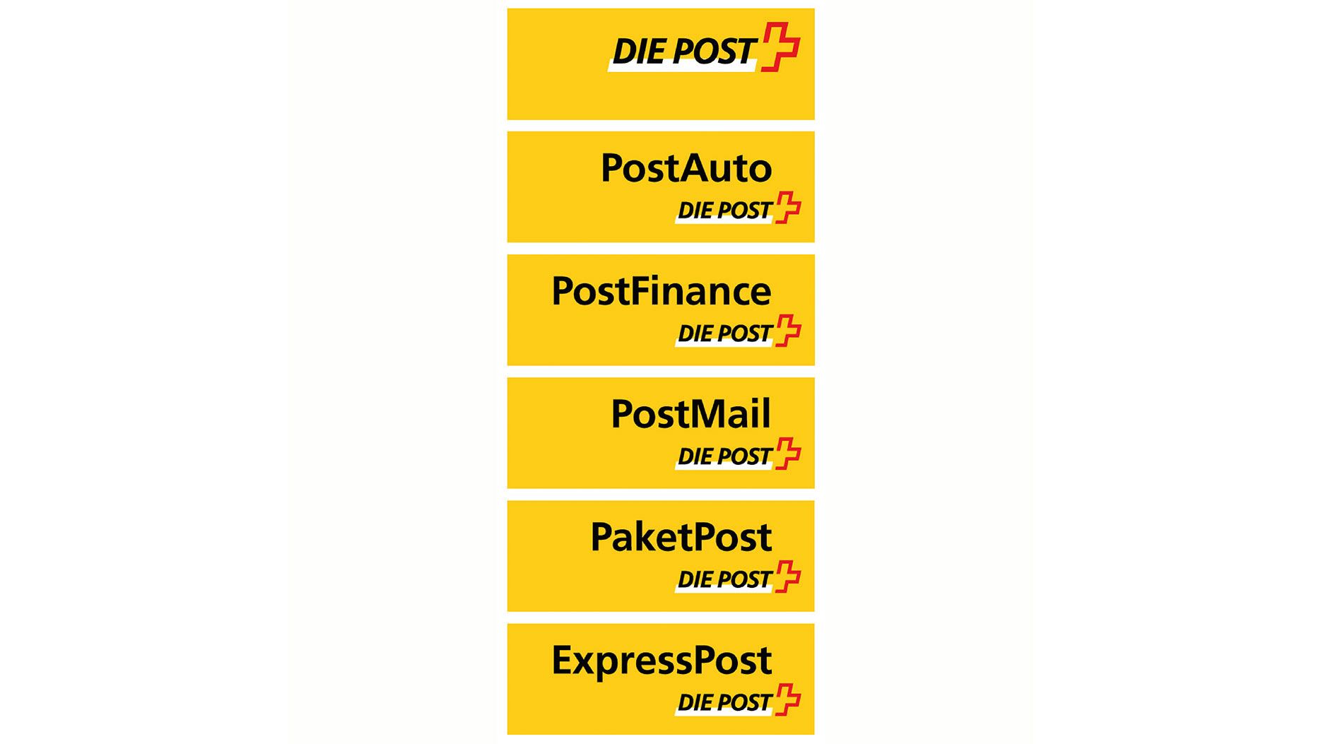 Une surface jaune présente cinq inscriptions disposées verticalement : « DIE POST » avec un symbole de croix angulaire rouge ; « PostAuto » accompagné de « DIE POST » et du même symbole ; « PostFinance » avec « DIE POST » ; « PostMail » avec « DIE POST » ; ainsi que « PaketPost » et « ExpressPost », chacun accompagné de « DIE POST » et du symbole de croix rouge. L’ensemble utilise du noir et du rouge sur fond jaune.