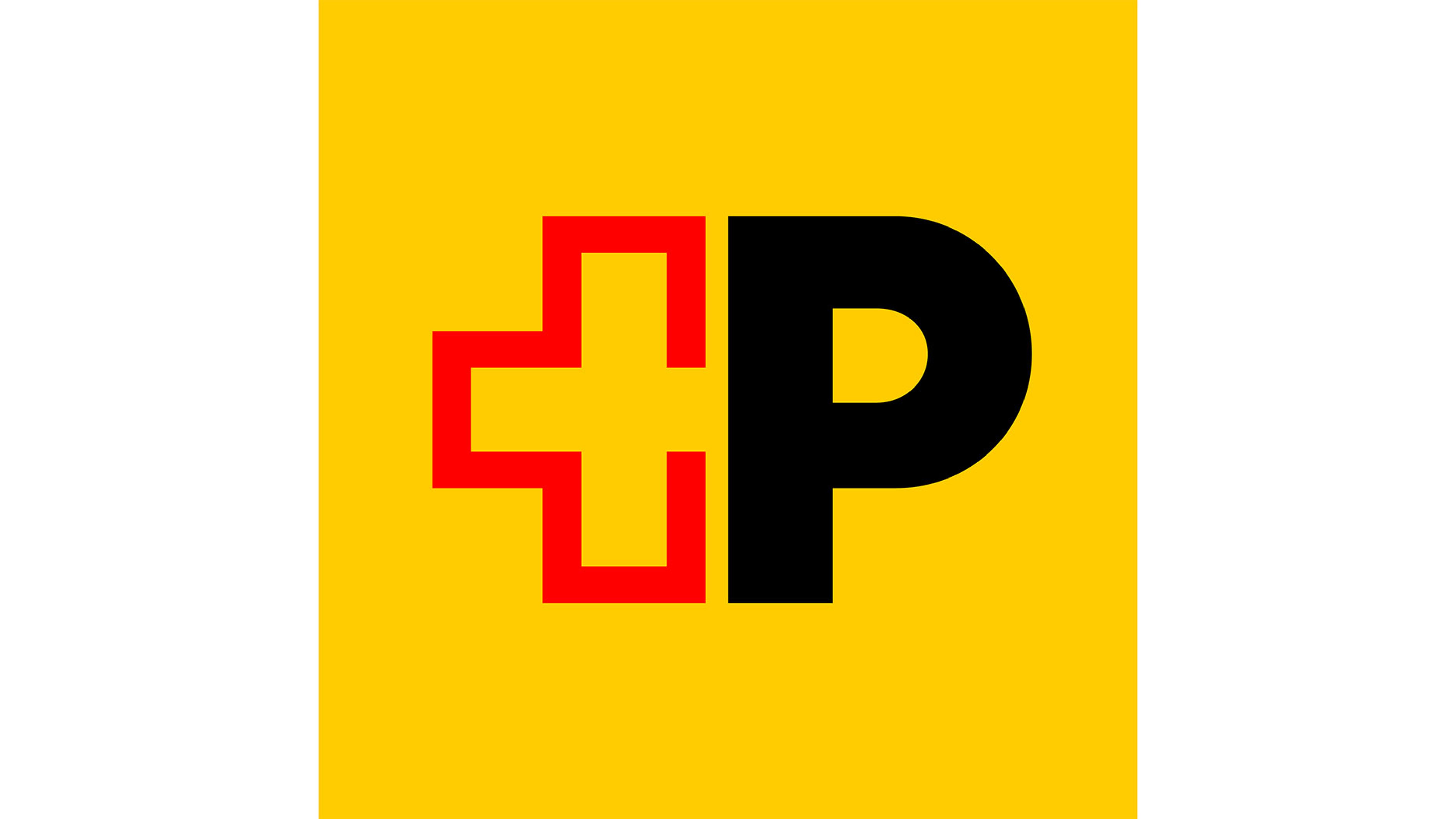 Un fond jaune présente un logo stylisé composé d’un symbole de croix angulaire rouge à gauche et d’une grande lettre « P » noire à droite. Les deux éléments sont placés côte à côte et forment une unité graphique compacte.