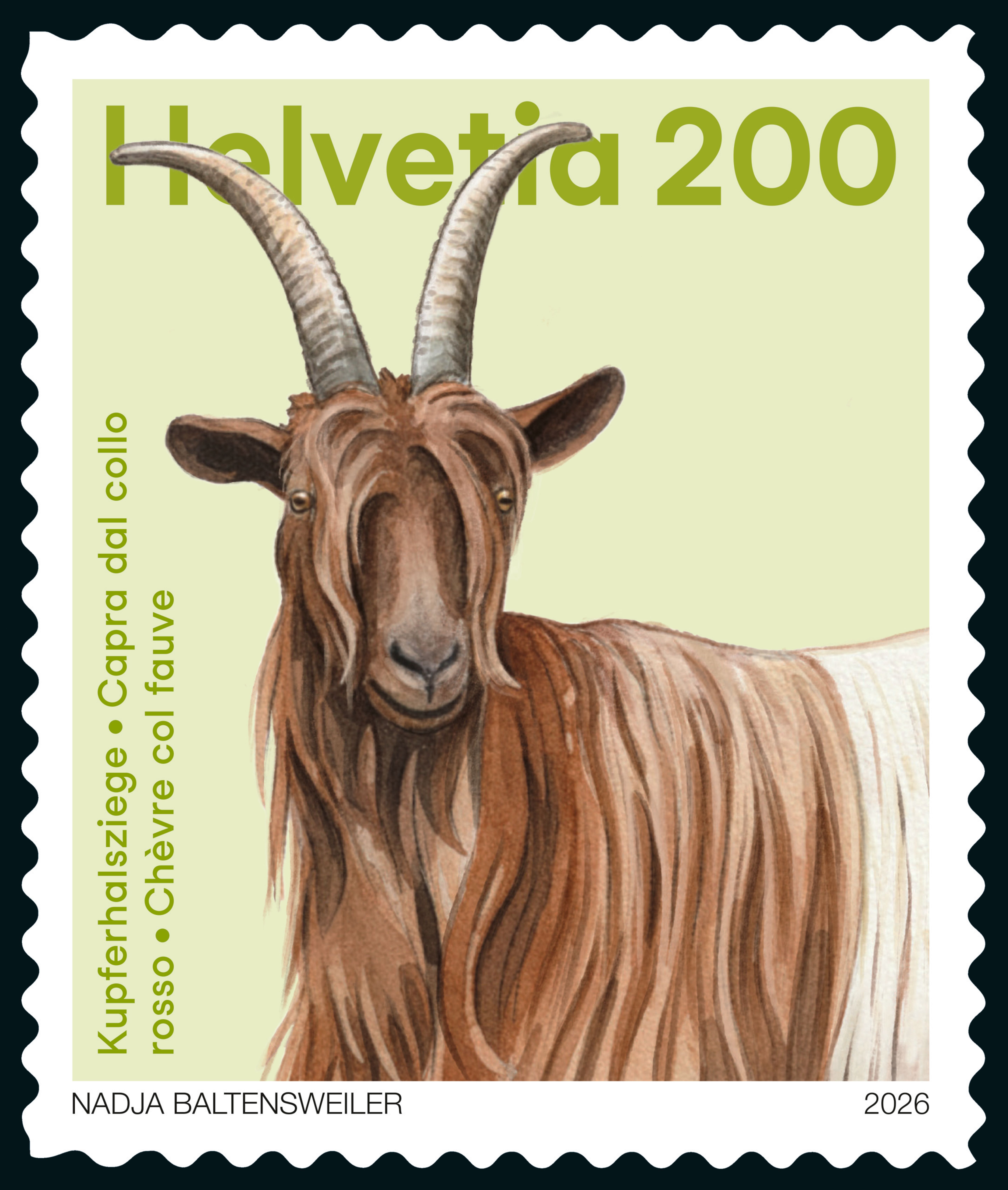 Une chèvre à col en cuivre détaillée et stylisée sur un timbre-poste avec le texte «Helvetia 200» sur fond clair.