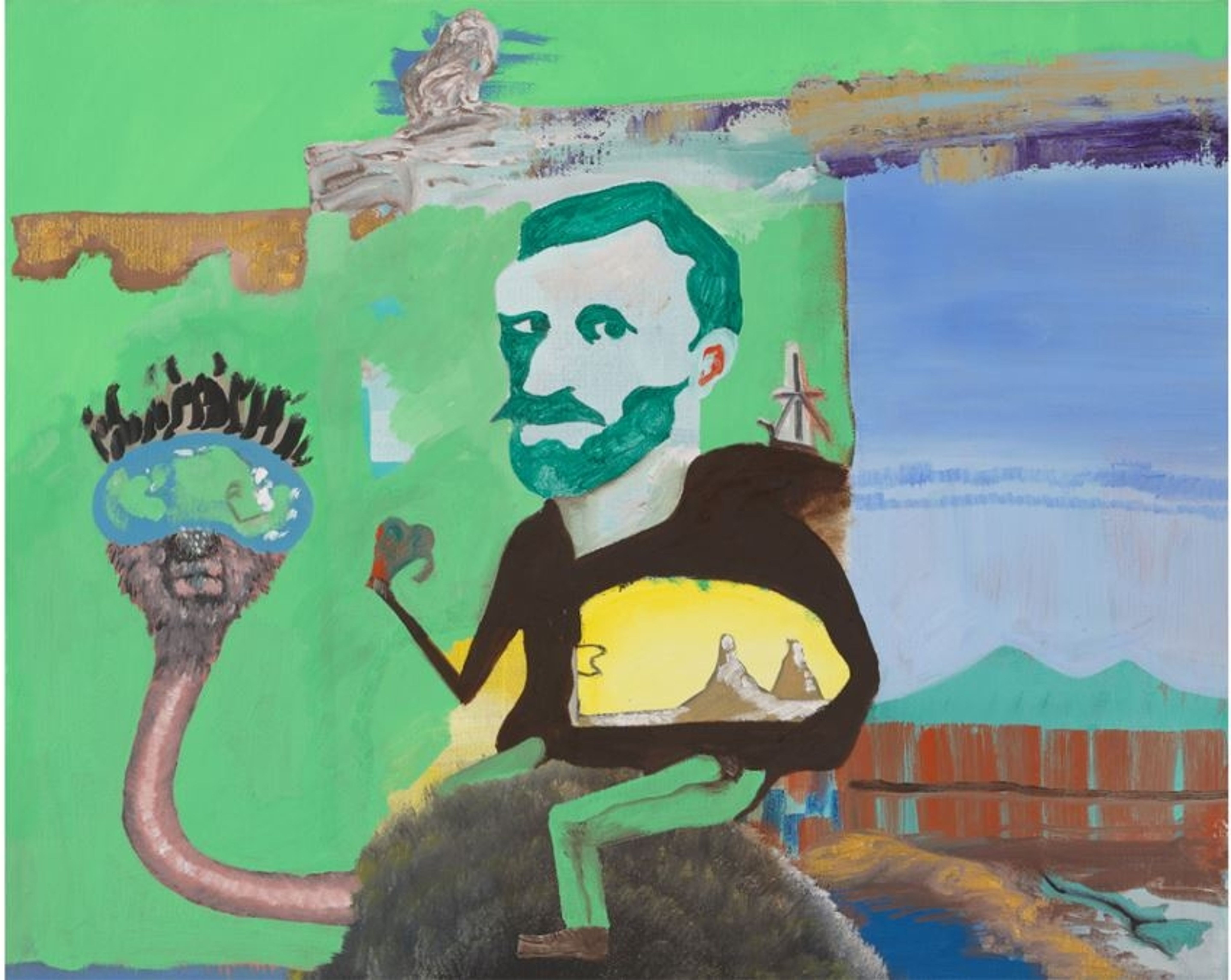 Portrait surréaliste avec des accents verts et bleus et des objets inhabituels en arrière-plan.