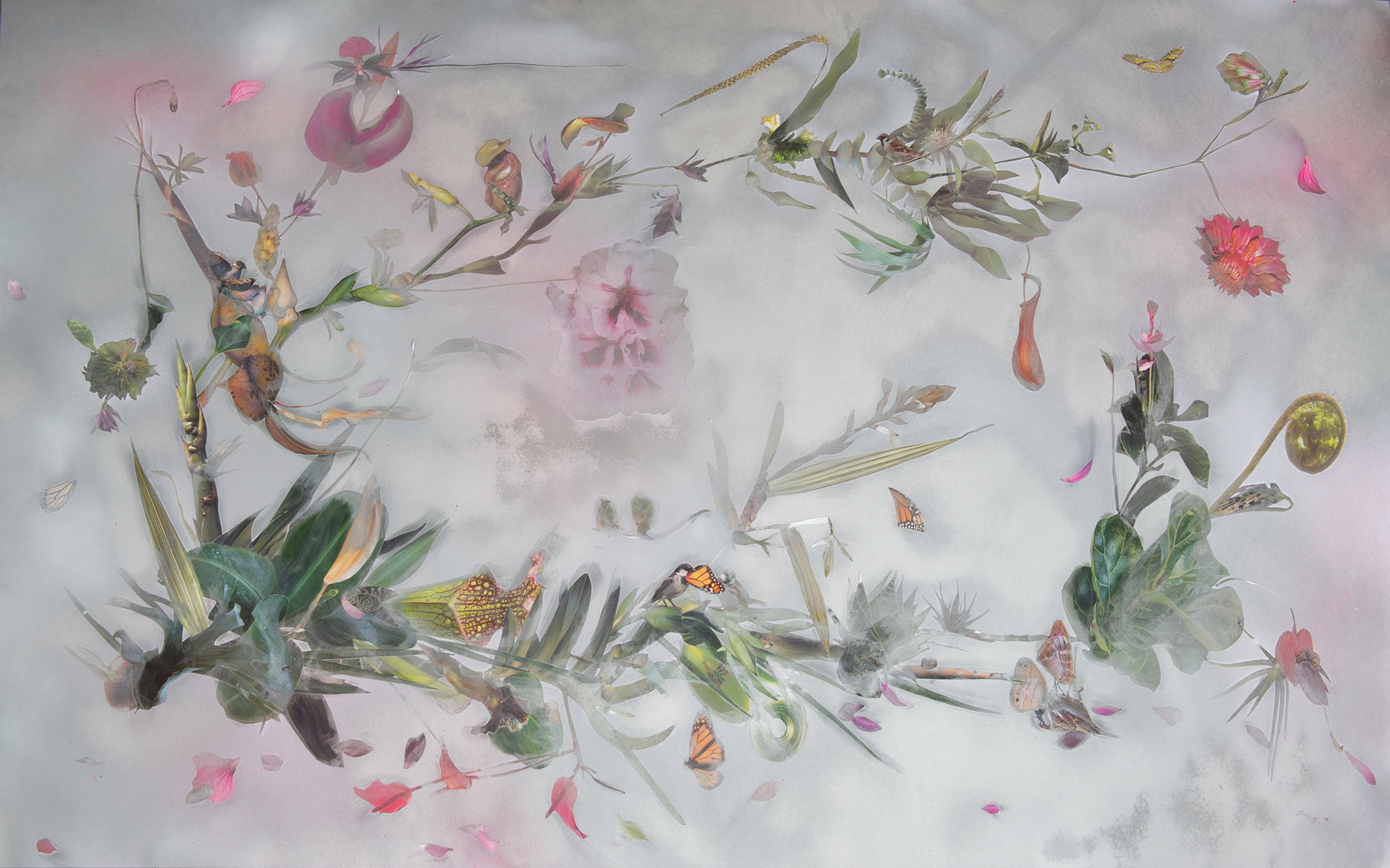 Une œuvre d’art montre des plantes, des papillons et des oiseaux sur un fond clair.