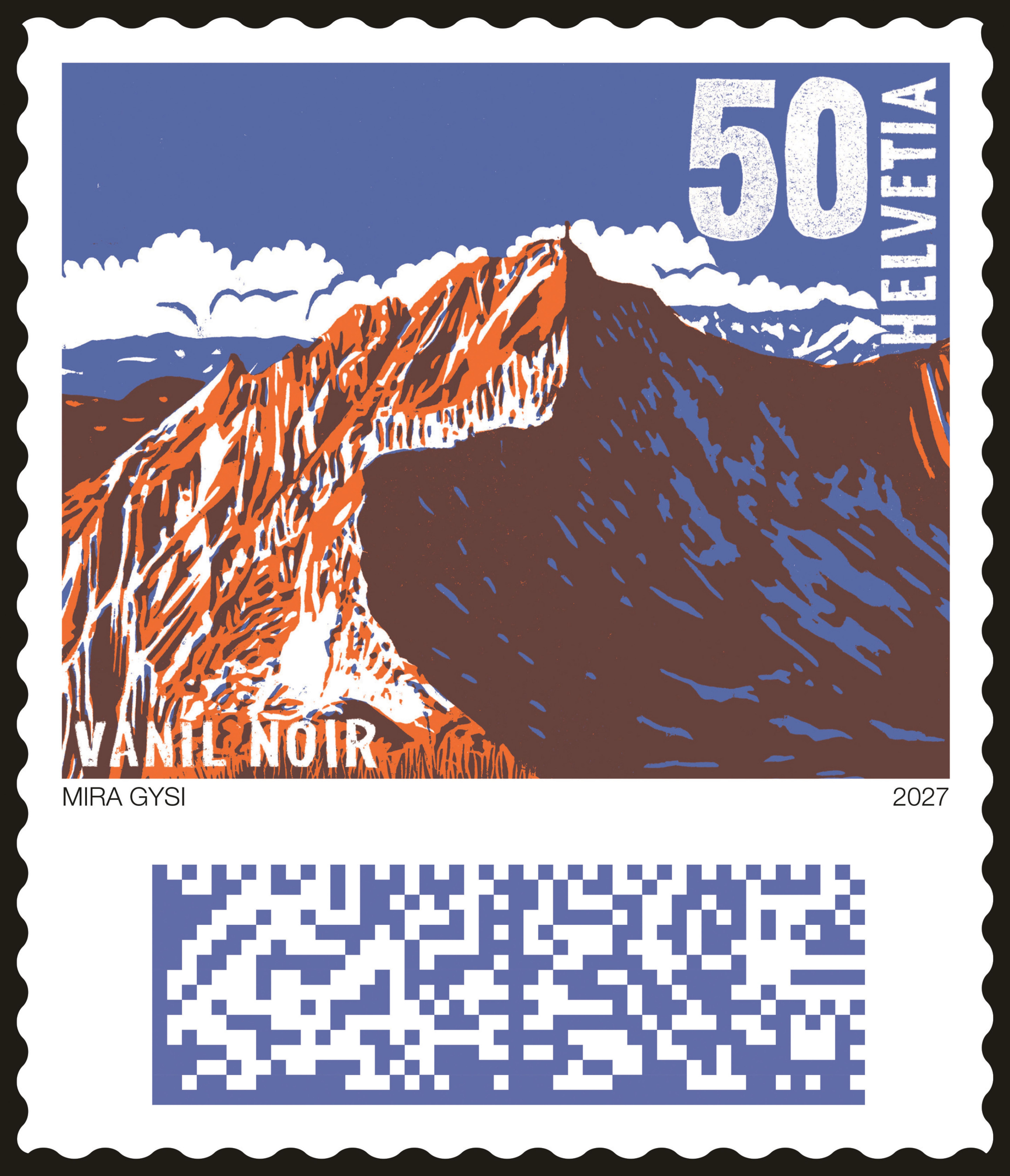 Eine stilisierte Briefmarke mit Berglandschaft und QR-Code in kräftigen Farben.