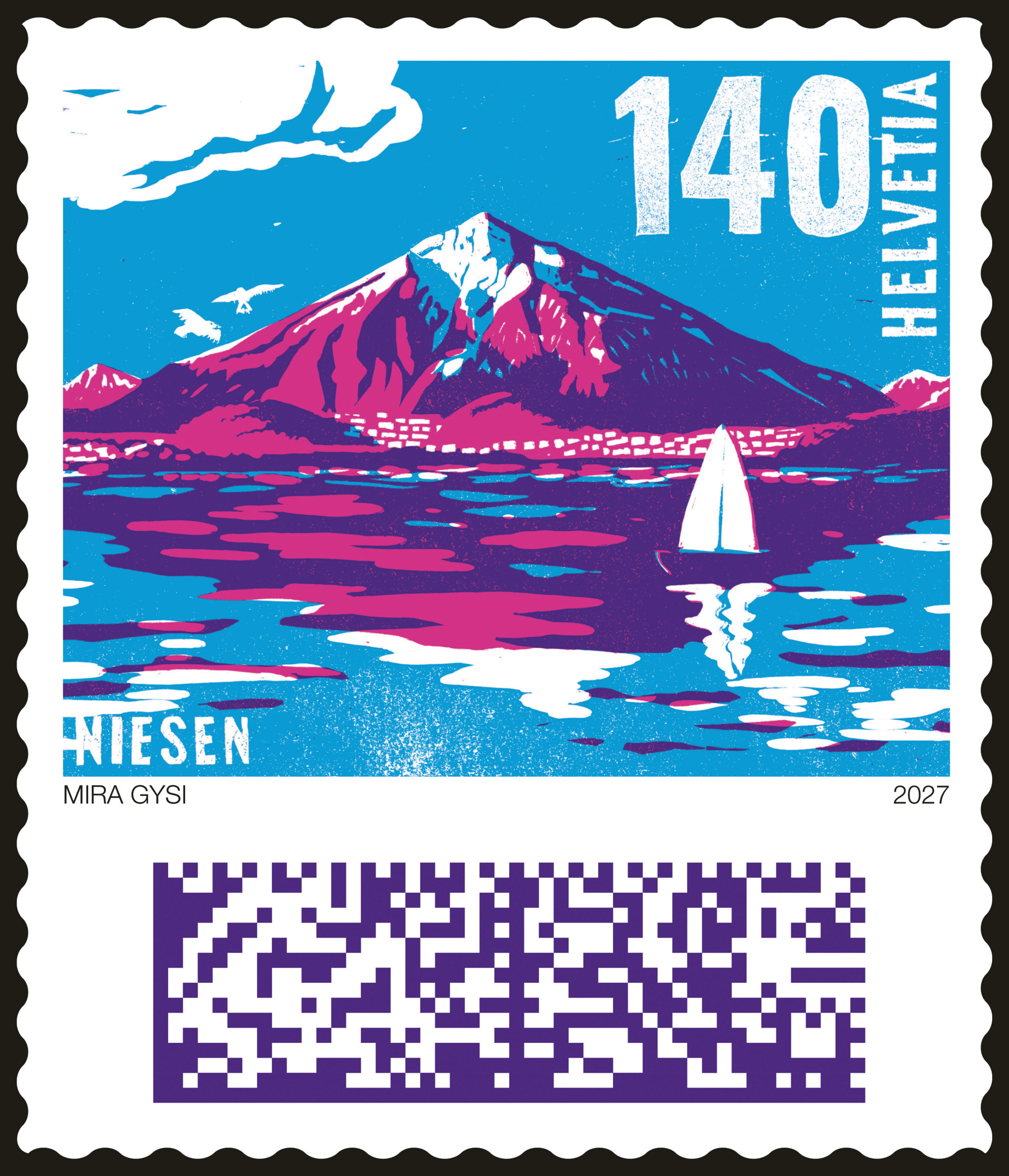 Eine bunte Briefmarke zeigt einen Berg, ein Segelboot und einen QR-Code.