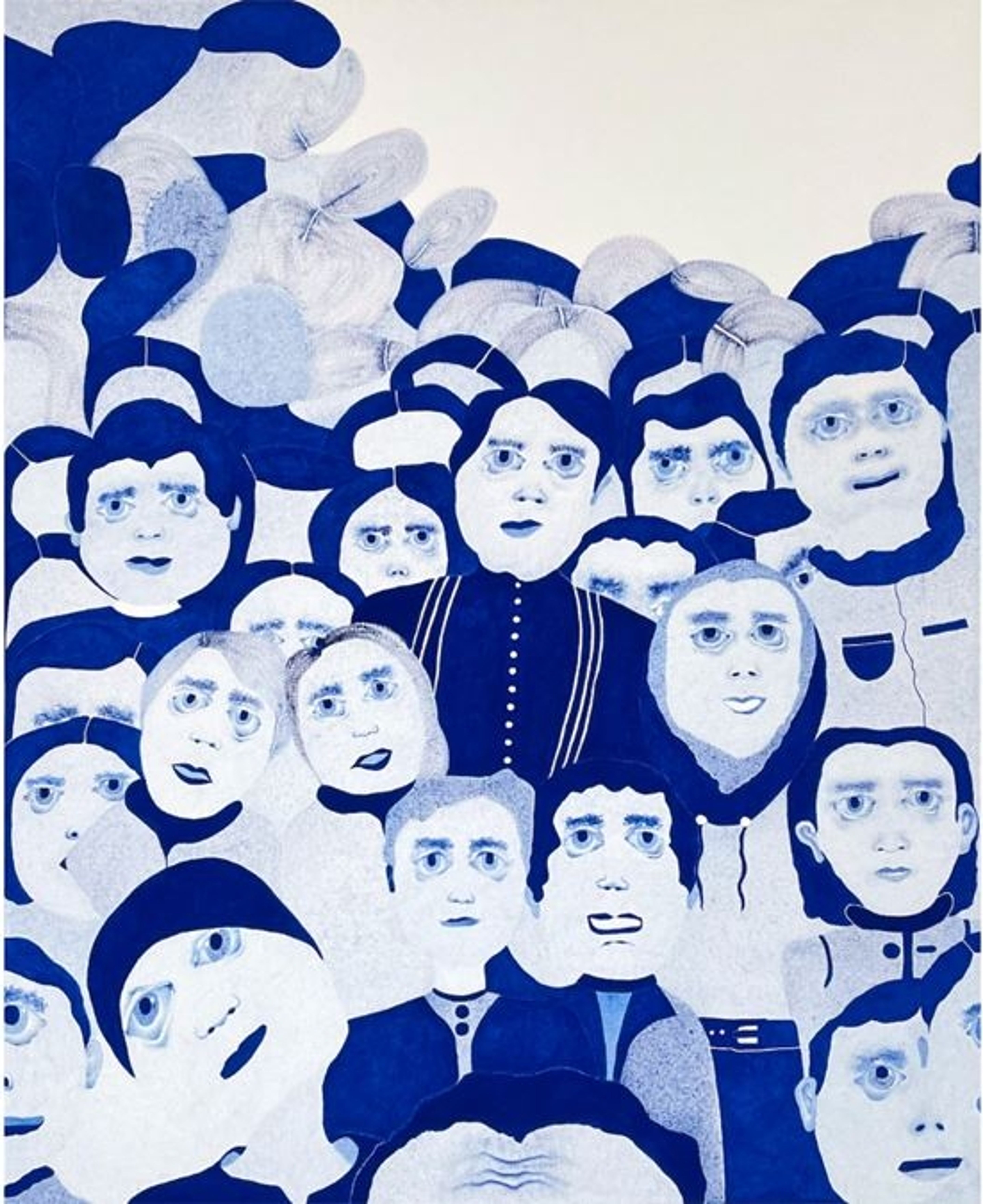 Un ensemble de visages dessinés dans différentes nuances de bleu sur fond clair.