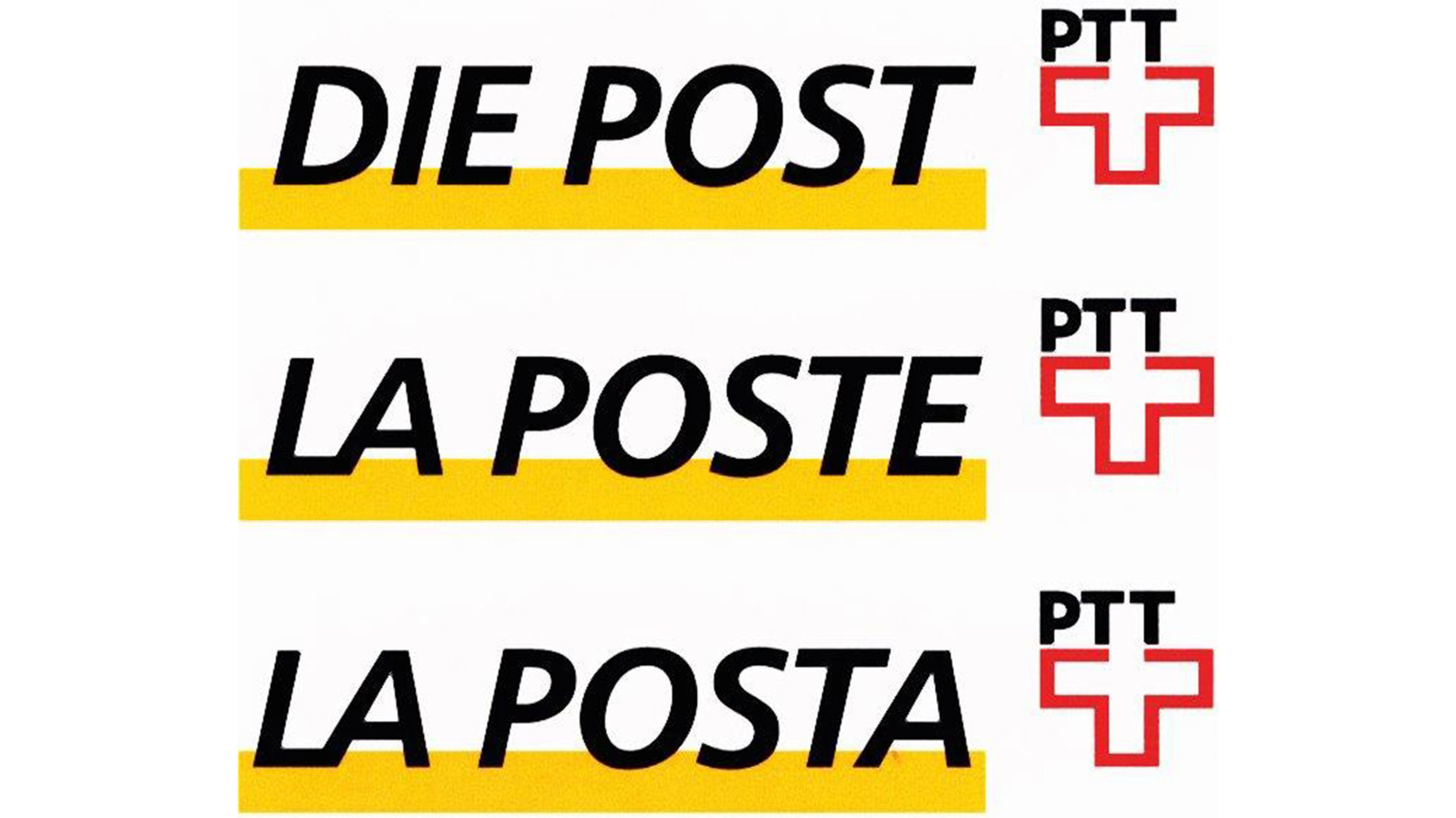 L’image présente trois lignes de texte : « DIE POST », « LA POSTE » et « LA POSTA », chacune en lettres noires soulignées par une barre jaune. À droite de chaque ligne figure un symbole composé d’une croix anguleuse rouge et des lettres noires « PTT ». Le fond est blanc.
