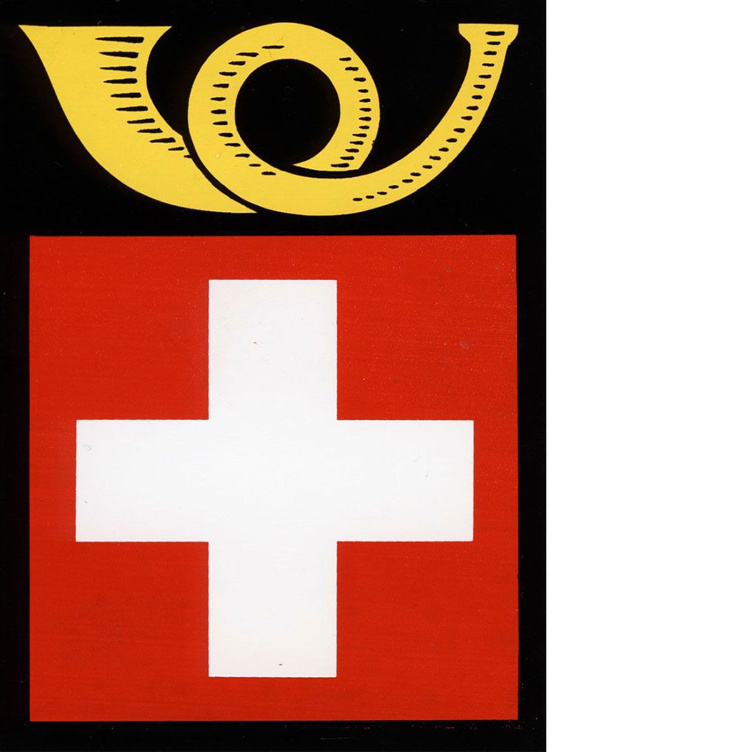 Le logo rectangulaire des PTT avec croix suisse et cor postal. Source: musée de la communication