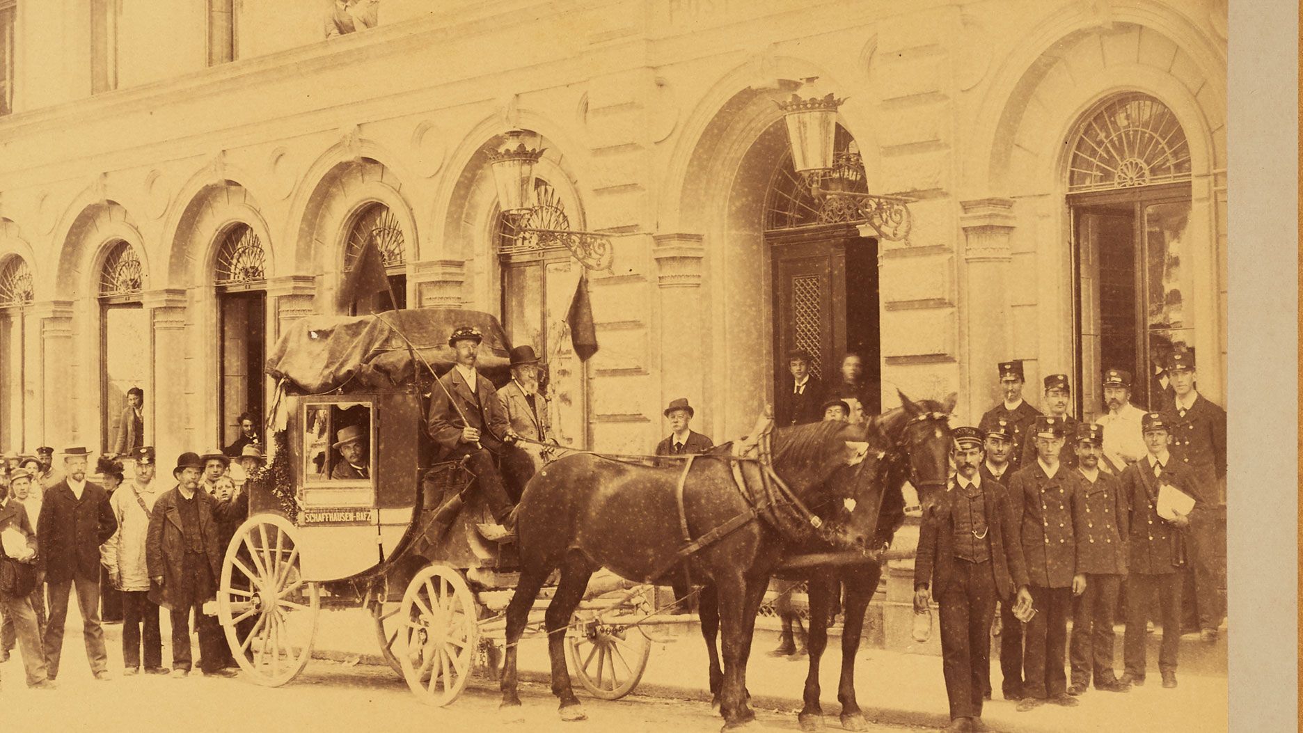 Postkutsche Schaffhausen–Rafz 1897. Quelle: Louis Alphonse Tronel (Fotograf) / Museum für Kommunikation