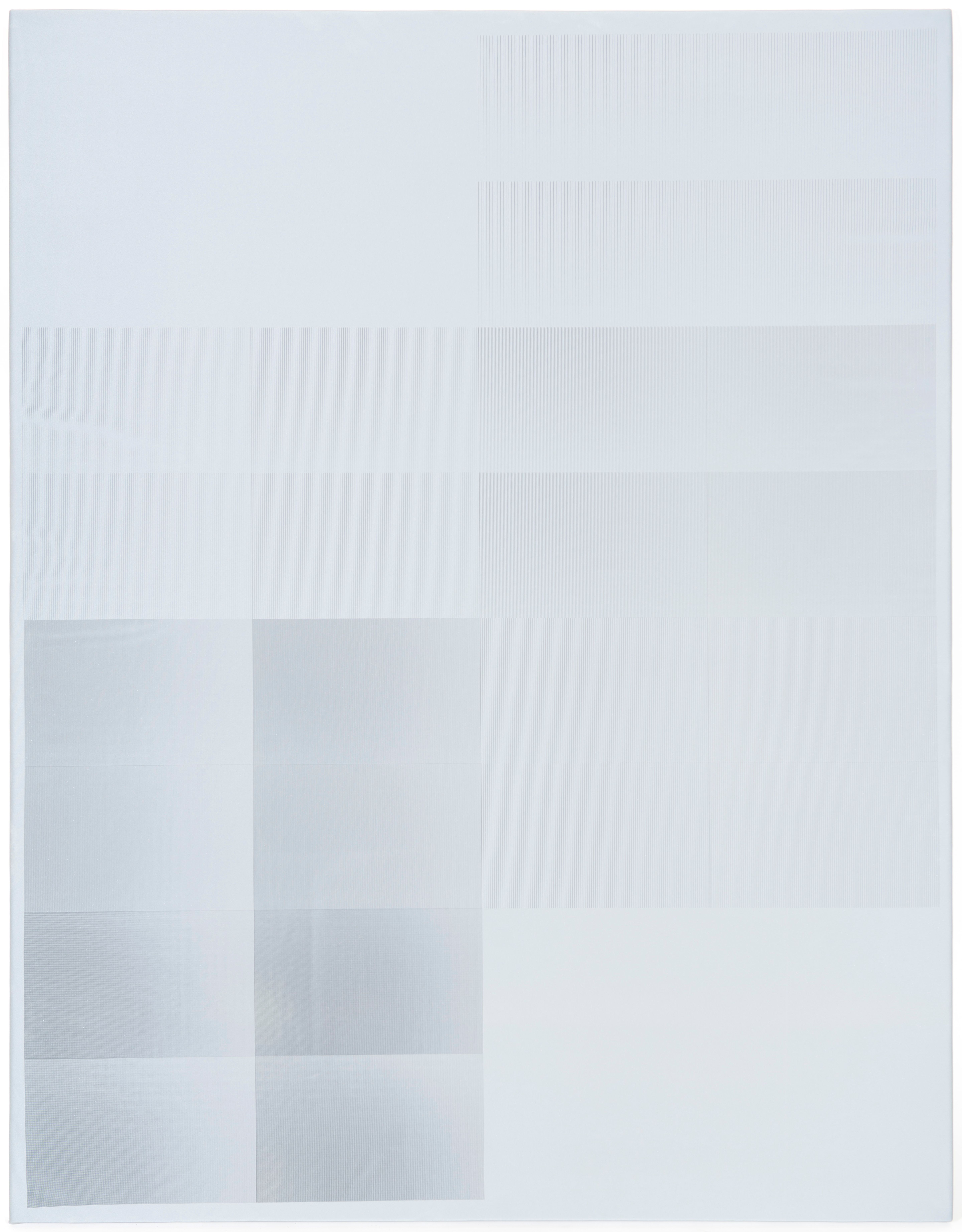 Une grille de rectangles blancs et gris clair sur une surface neutre.