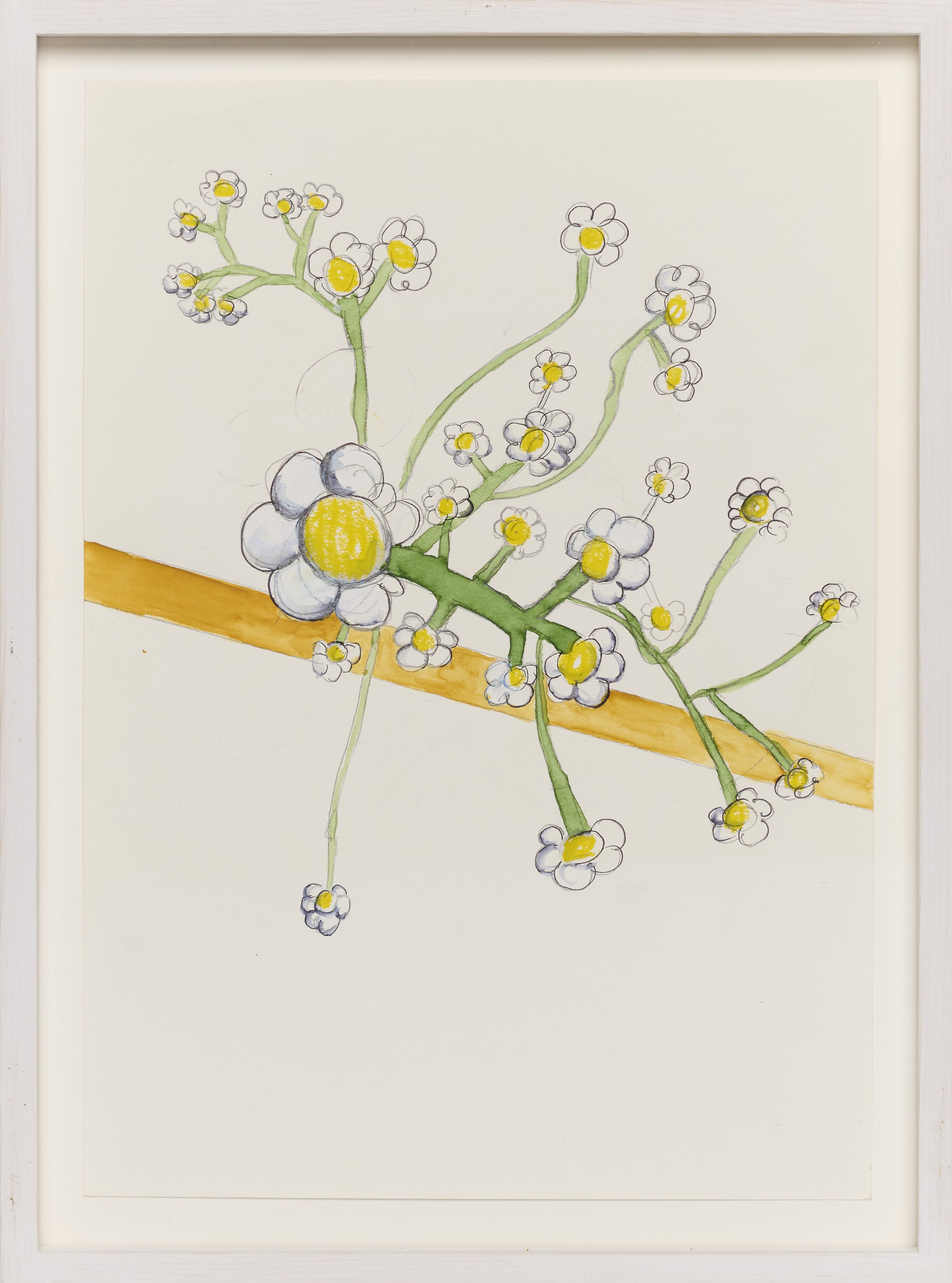 Un dessin stylisé de fleurs blanches avec des centres jaunes sur fond beige dans un cadre blanc.