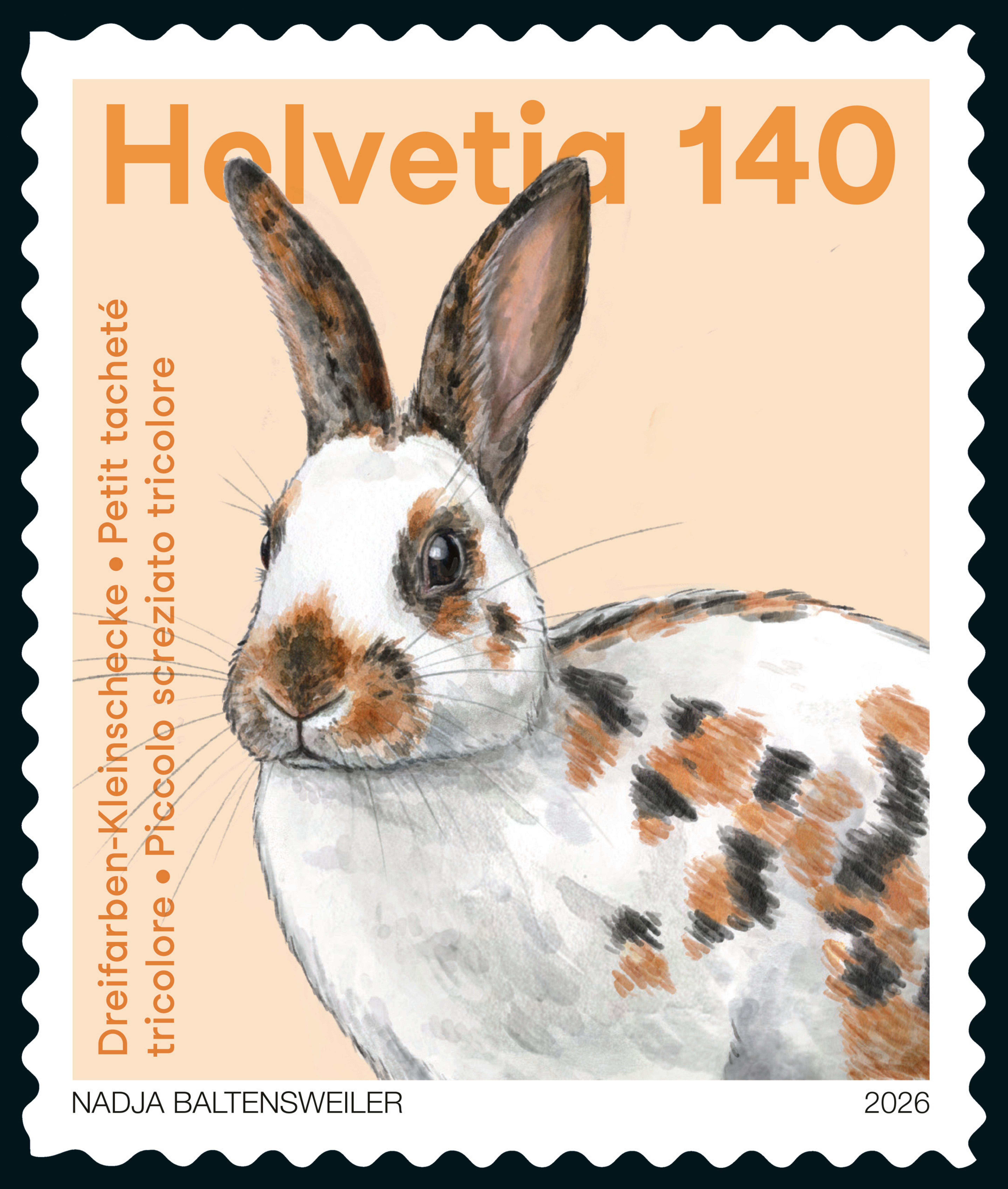 Eine Briefmarke mit einem gezeichneten Hasen und der Aufschrift "Helvetia 140".