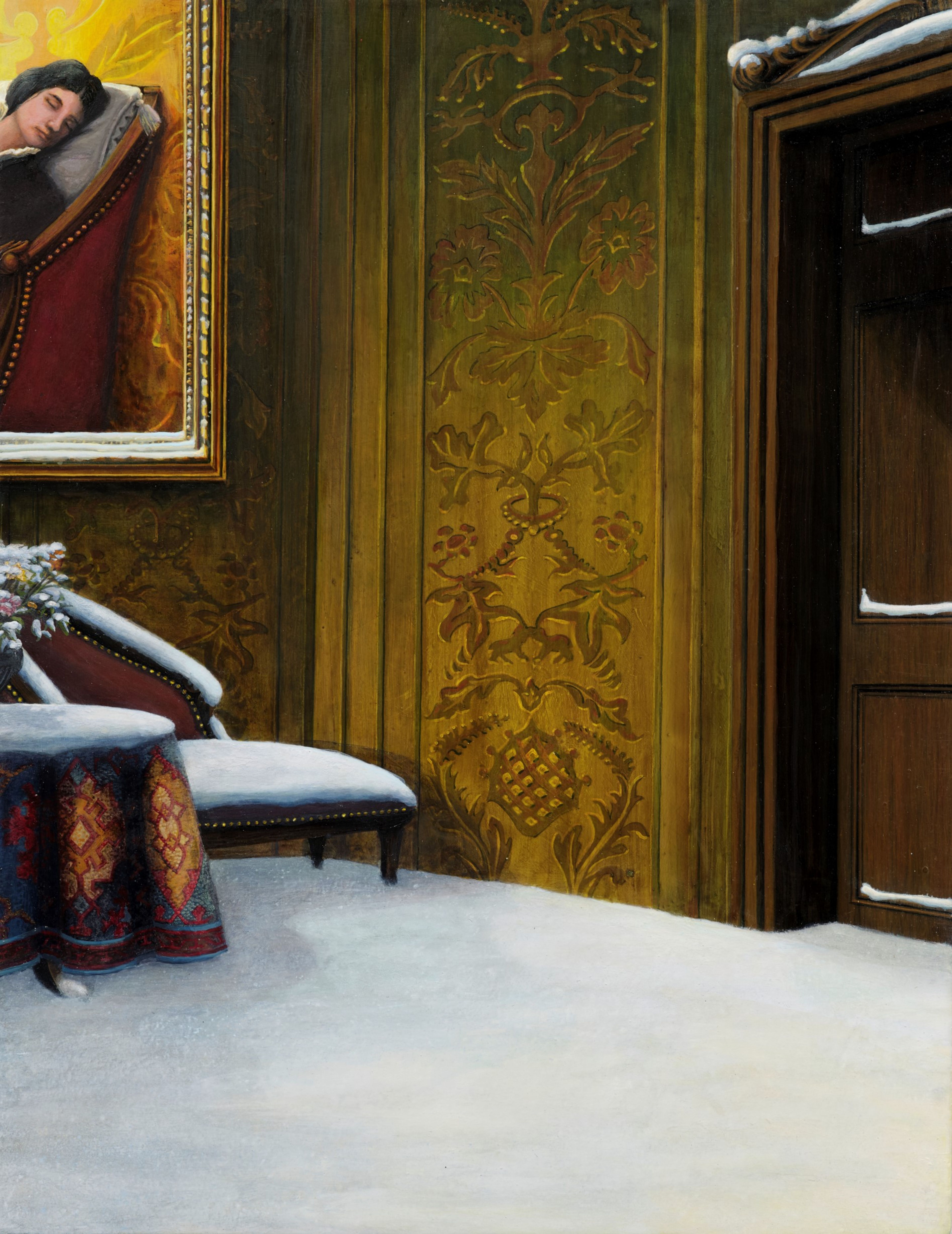 Une pièce richement décorée avec un tableau, une table et de la neige sur le sol.