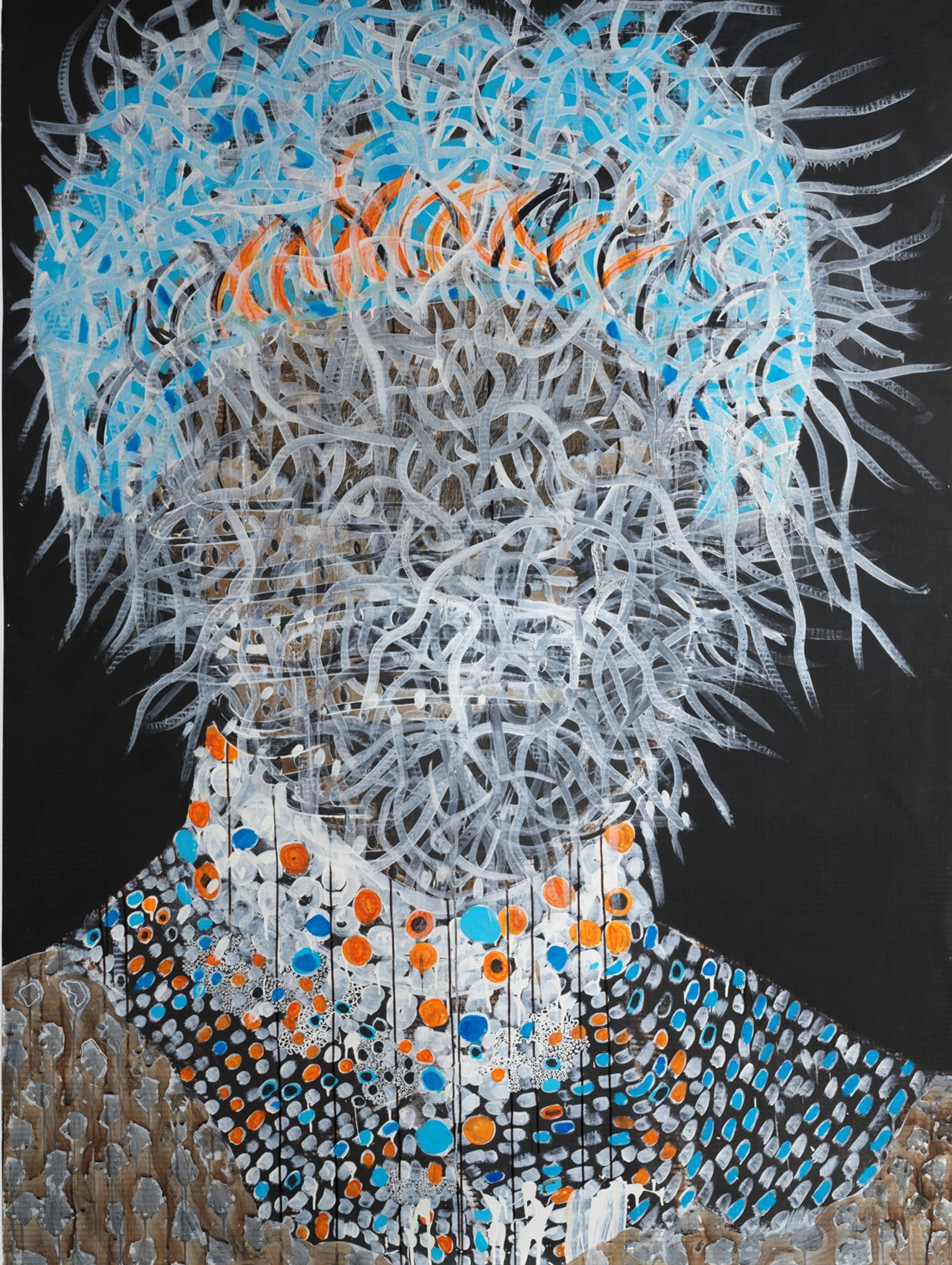 Figure abstraite sur fond noir avec des lignes bleu clair et des points multicolores.