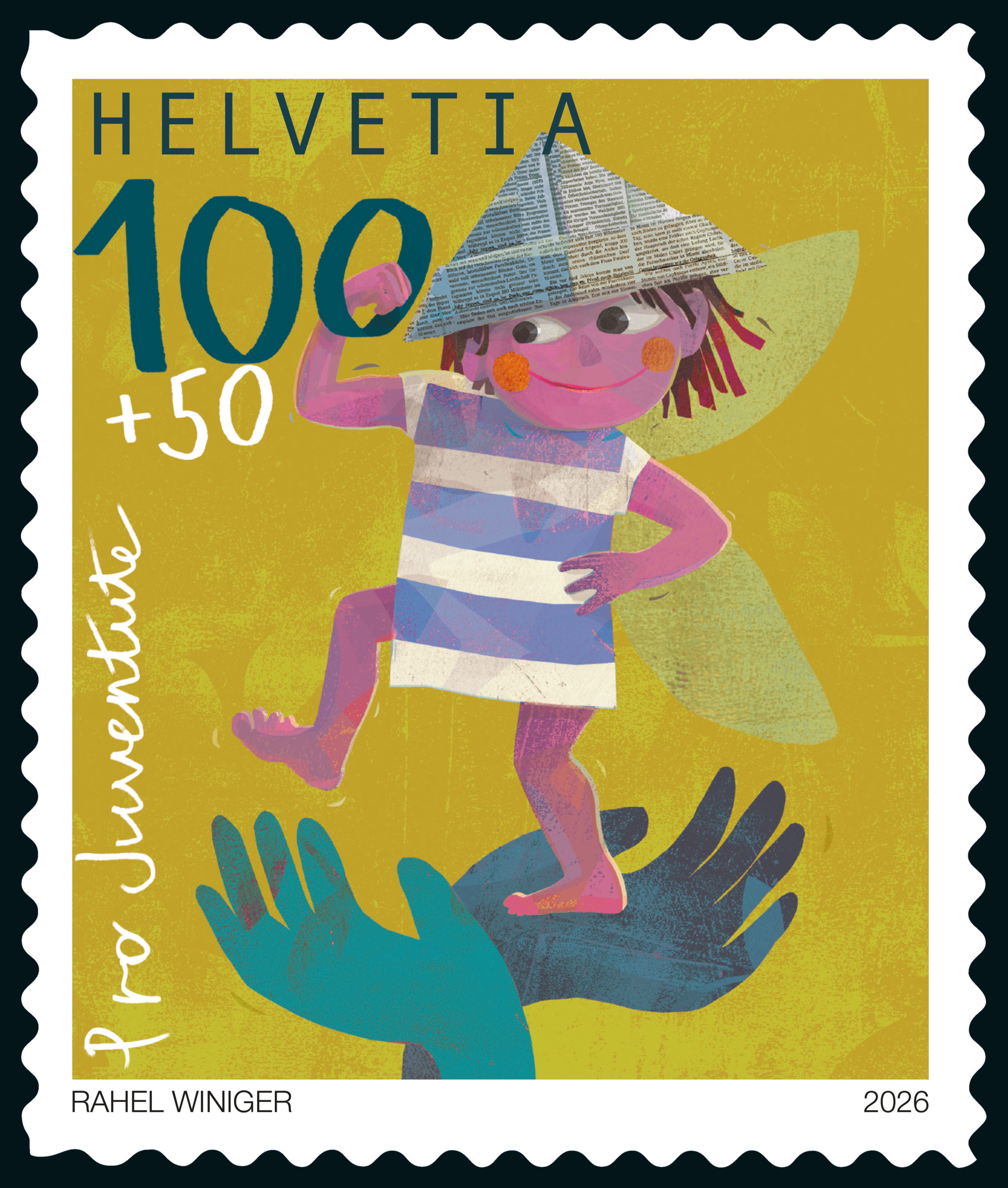 Eine bunte Briefmarke zeigt eine stilisierte Figur mit Zeitungshut auf einem gelben Hintergrund.