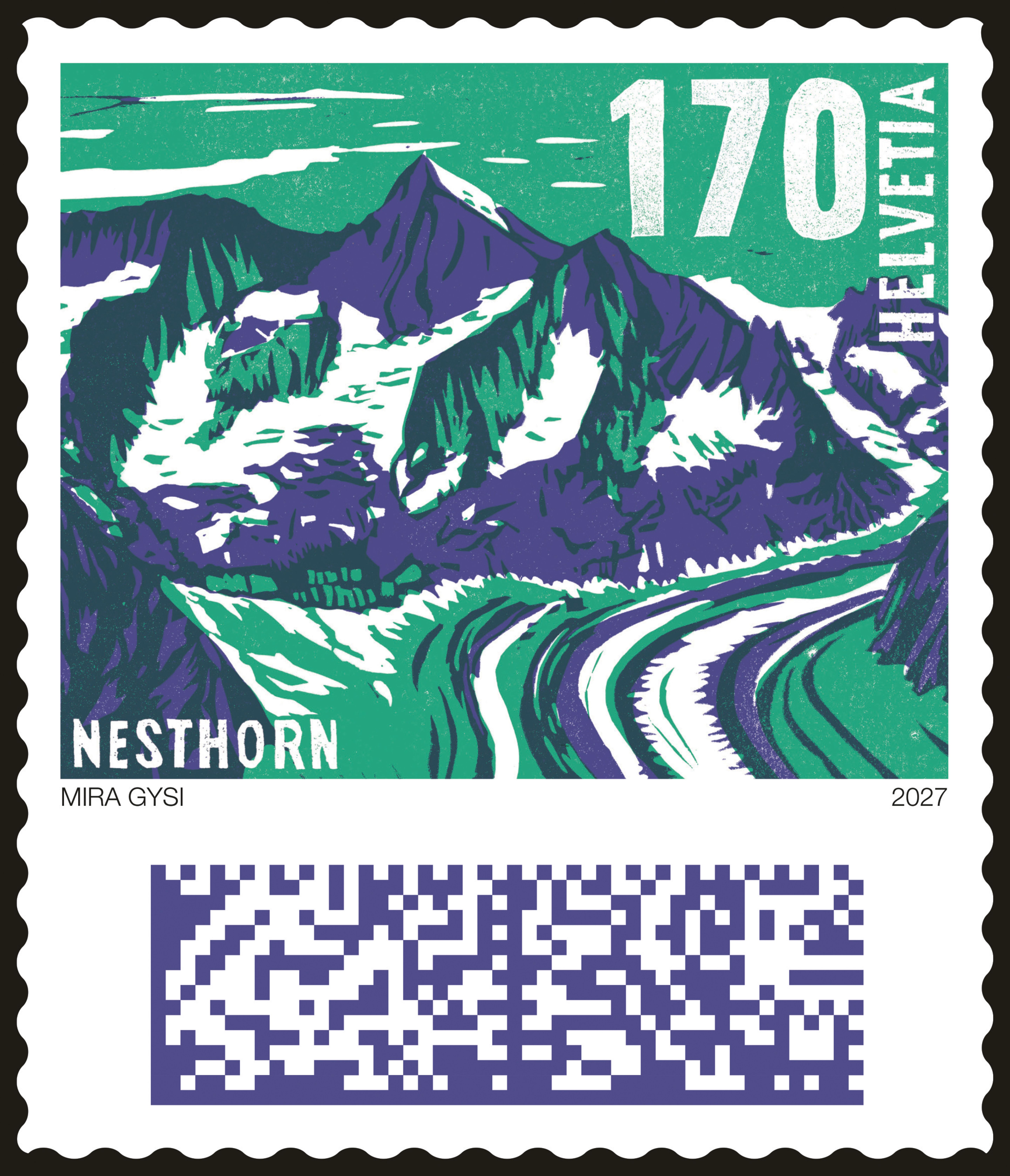 Un graphique coloré montre des montagnes enneigées et une rivière dans des tons bleus et verts.