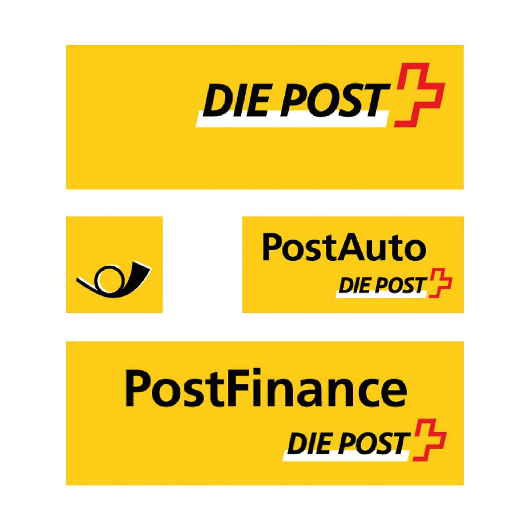 Logos of Swiss Post, PostFinance and PostBus 2008.
