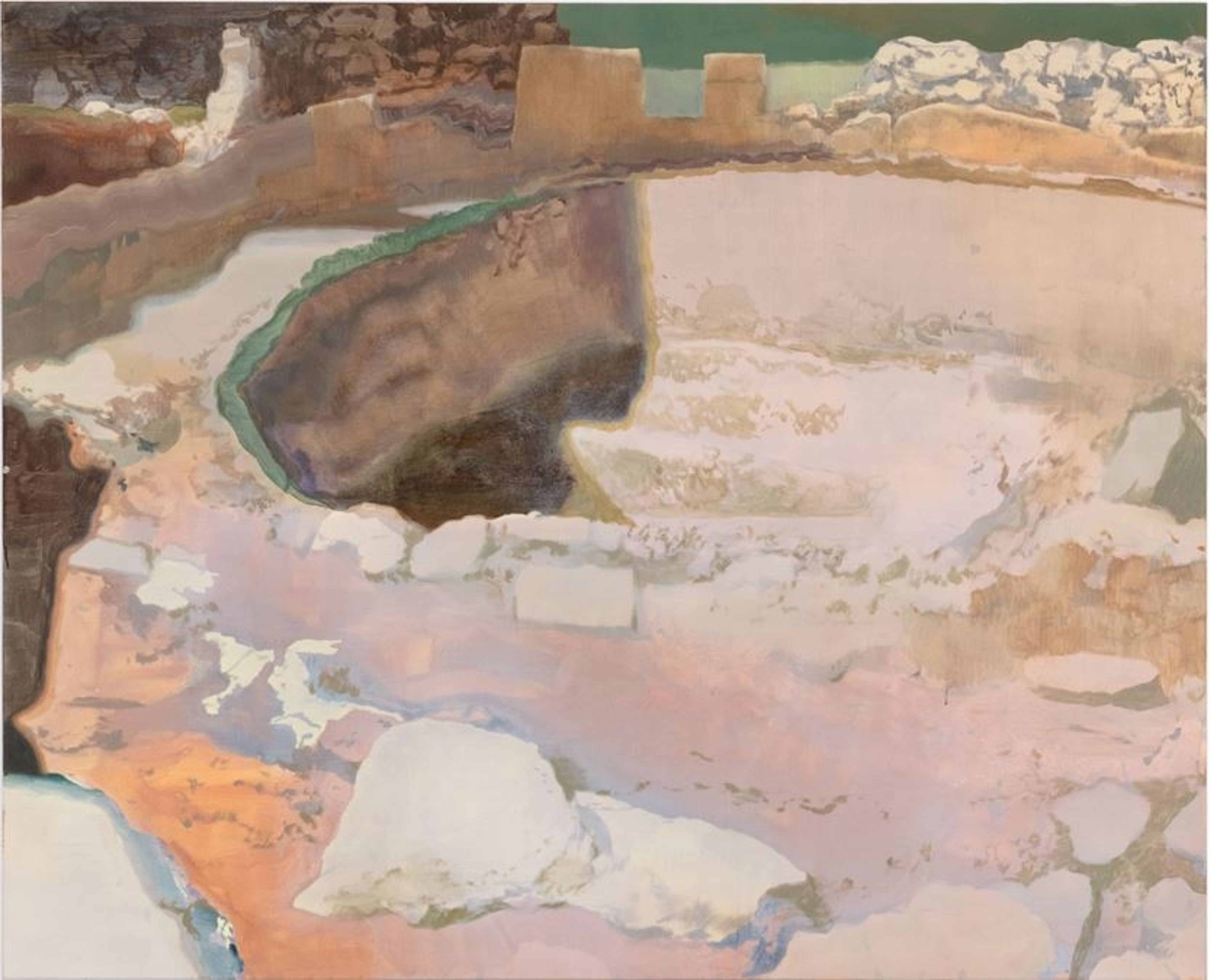 Paysage abstrait avec des tons de terre et des structures d’apparence antique.