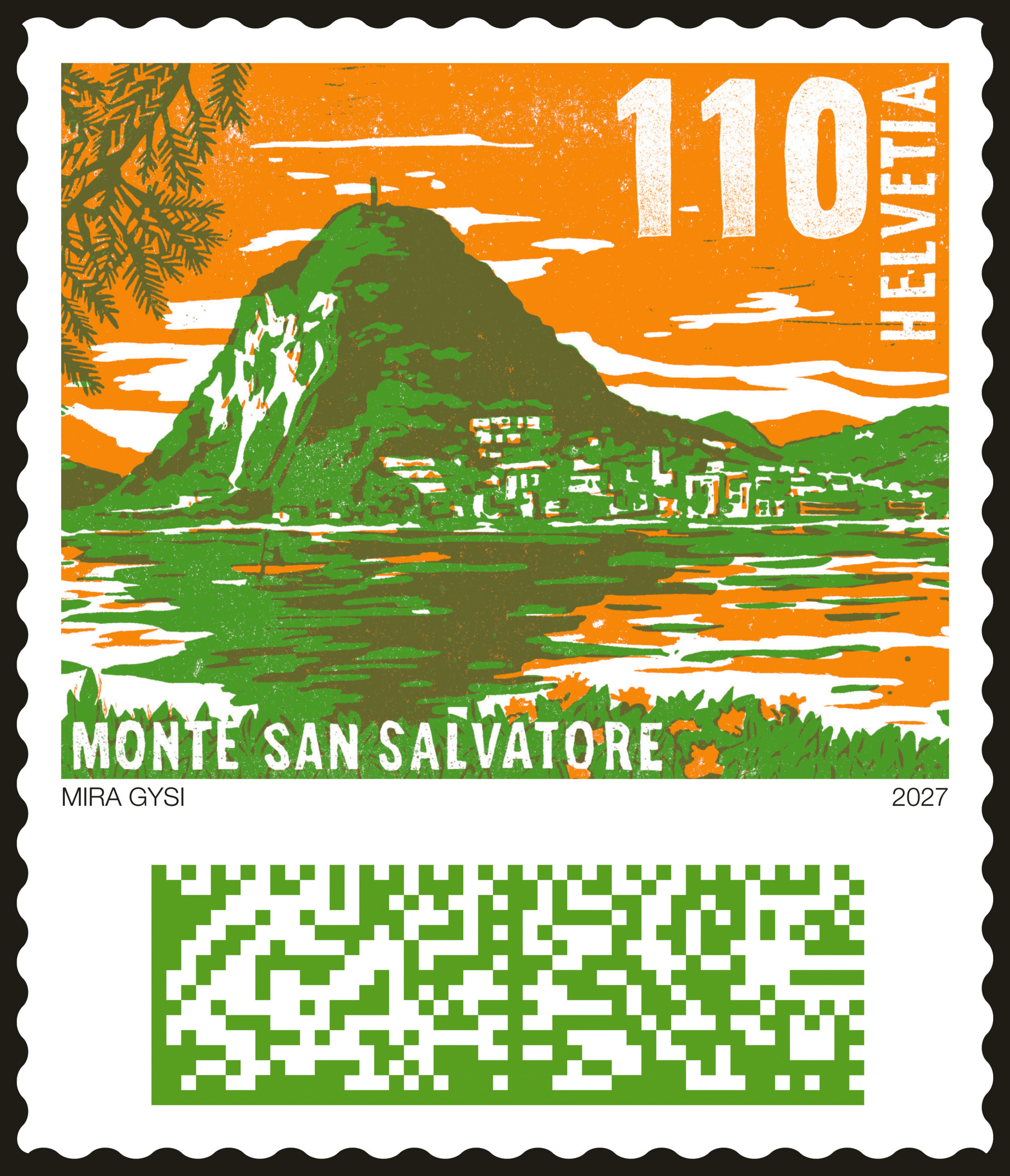 Eine Briefmarke mit grünem Berg und orangem Himmel, inklusive QR-Code.