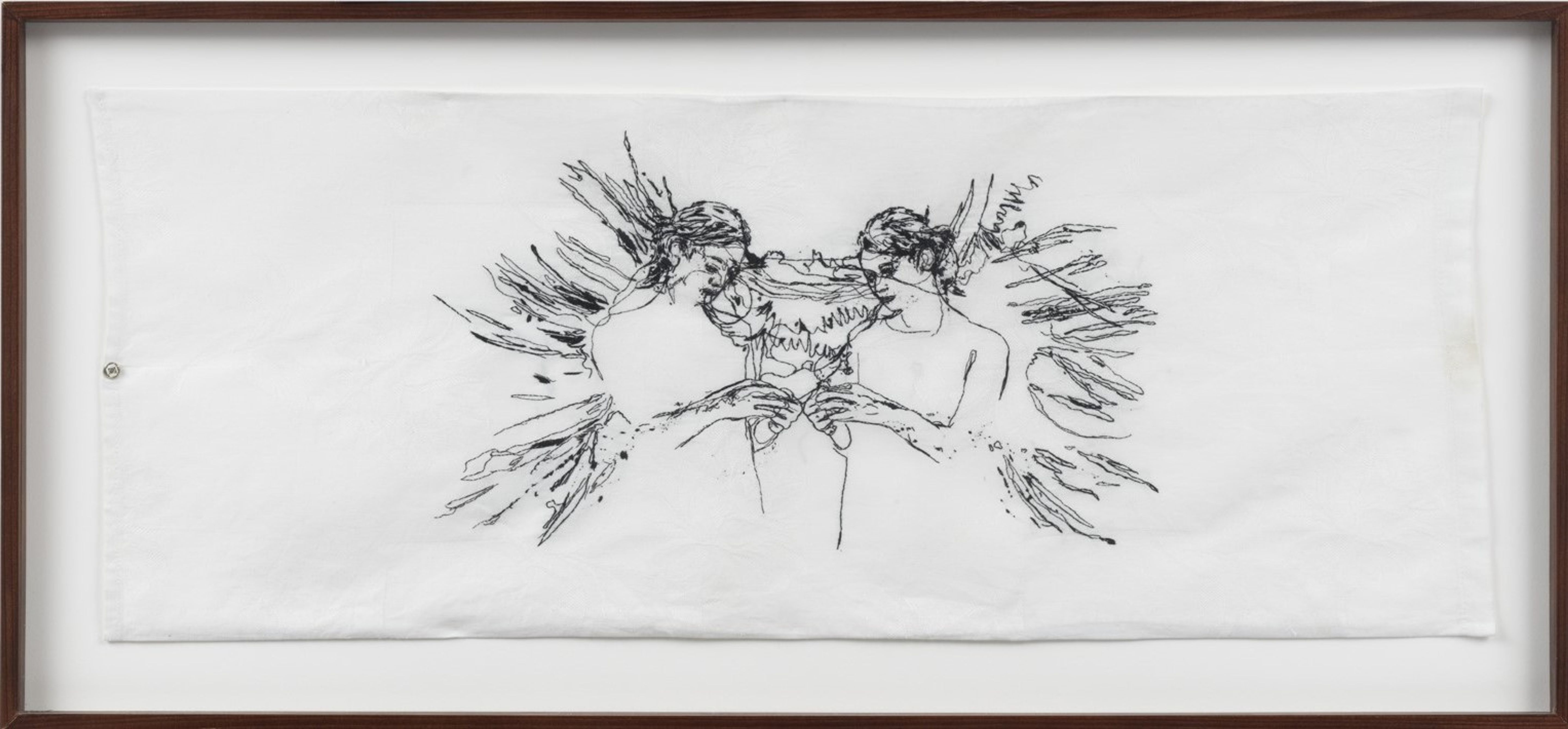 Deux dessins figuratifs sur tissu blanc dans un cadre en bois.