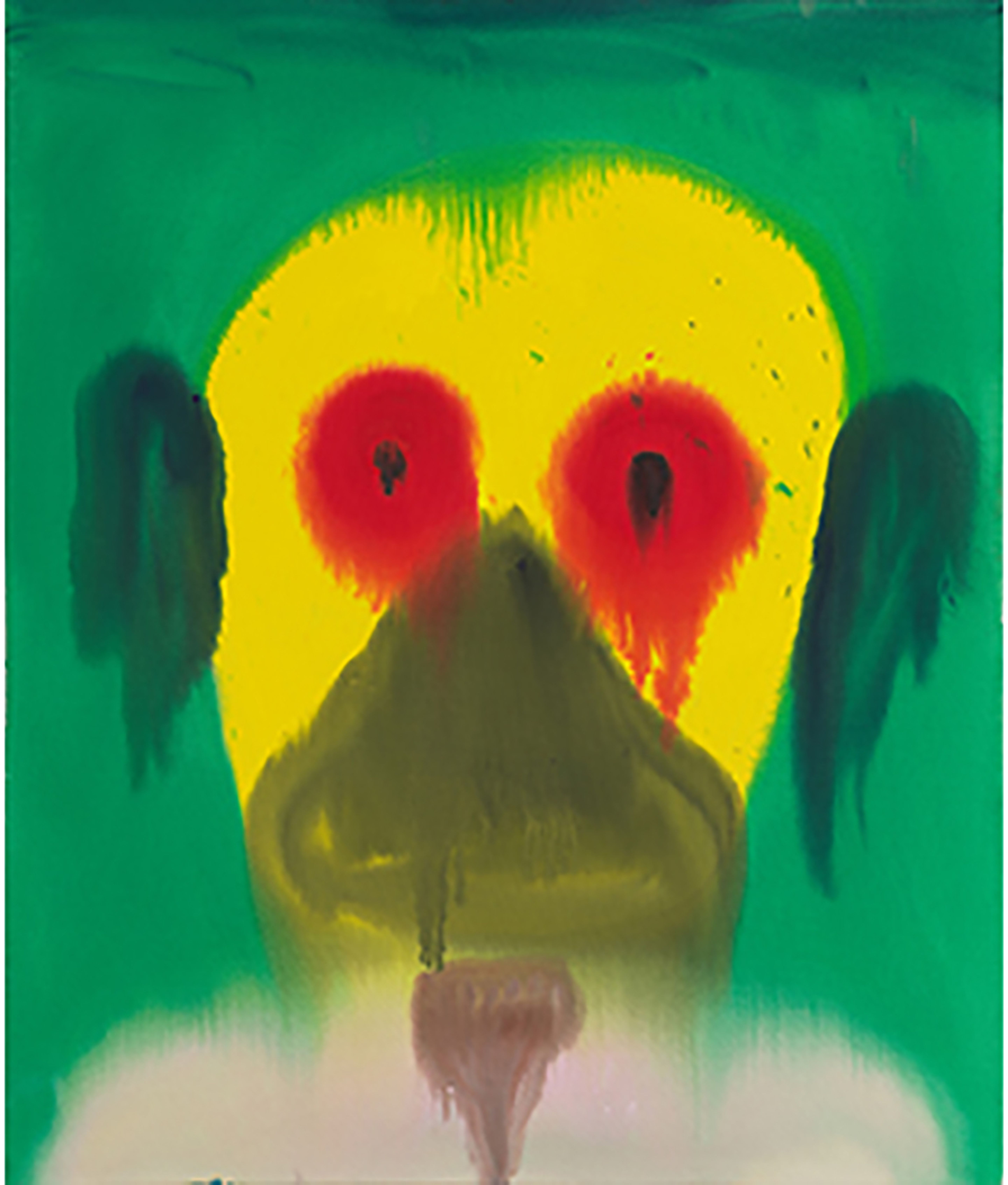 Représentation abstraite du visage dans les tons vert et jaune avec des yeux rouges sur un fond vert non structuré.