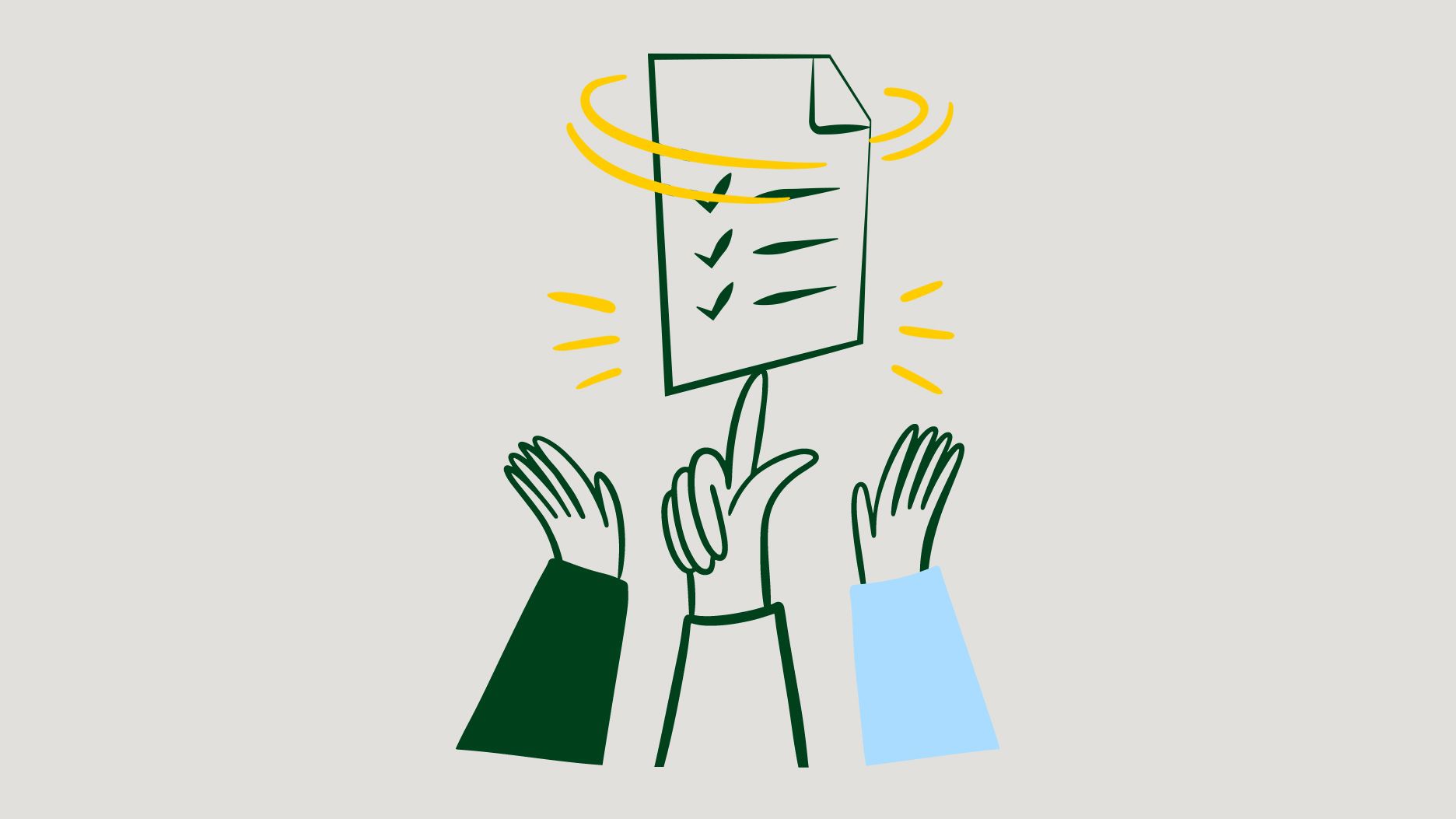 Illustrazione di un certificato su una mano in equilibrio, con due mani sollevate accanto.