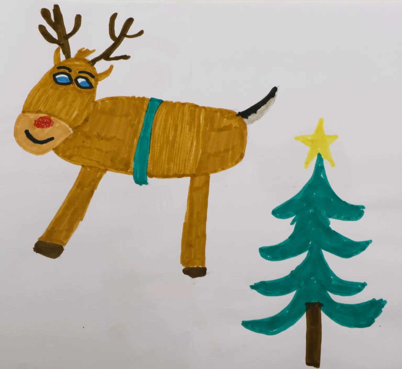 Kinderzeichnung: Rentier mit Christbaum
