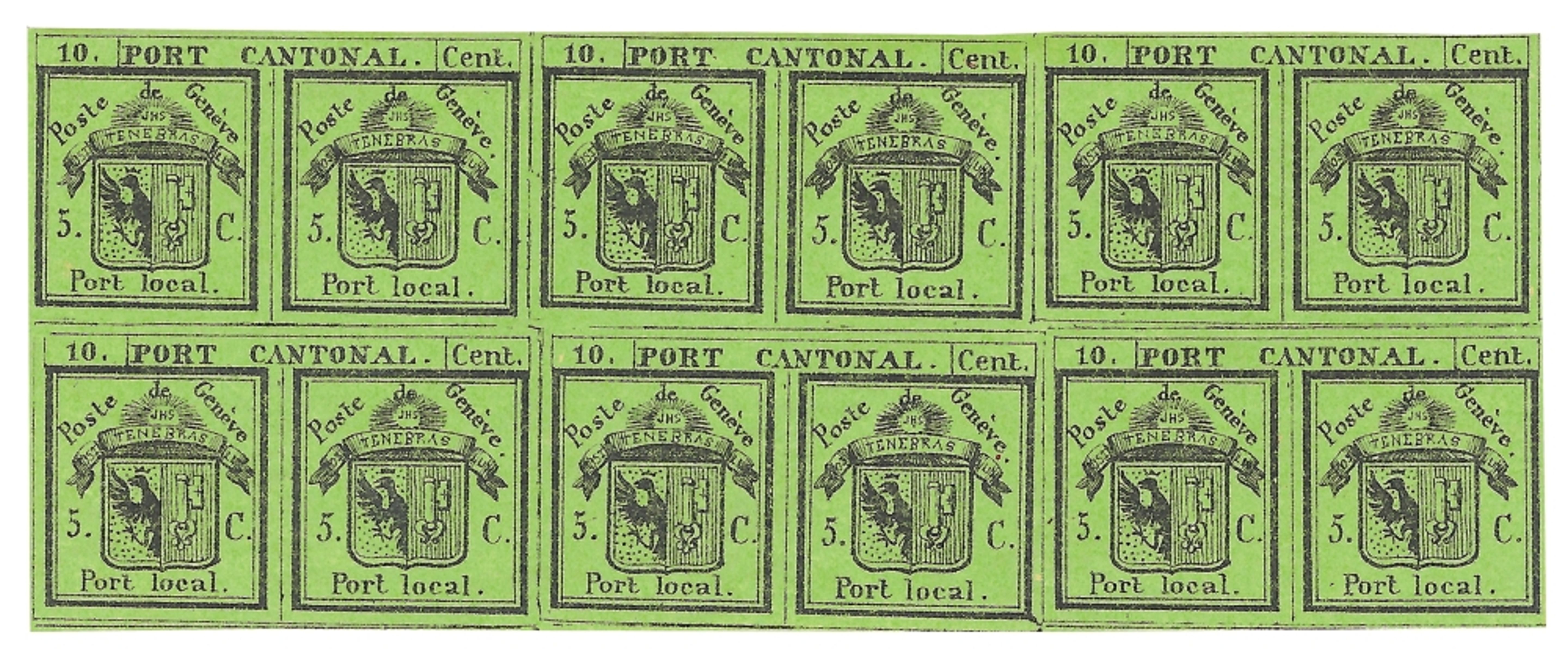 Block von zehn grünen Briefmarken mit der Aufschrift ‚Port Cantonal‘ und ‚Port local‘. Jede Marke zeigt das Genfer Wappen mit Schlüssel und Adler sowie den Wert ‚5 C‘. Oben steht ‚10. Port Cantonal. Cent.‘.