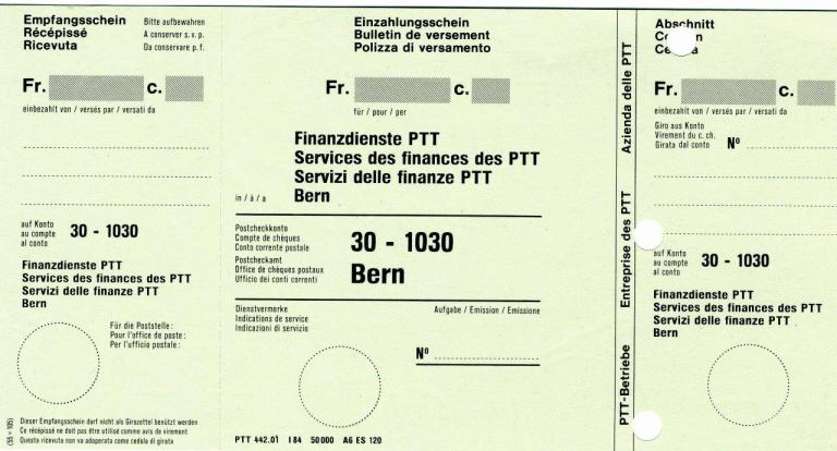 Ein grüner Einzahlungsschein, wie er im Jahr 1984 ausgesehen hatte. I PTT-Archiv, Formular Nr. 442.01, Grüner Einzahlungsschein, 1984