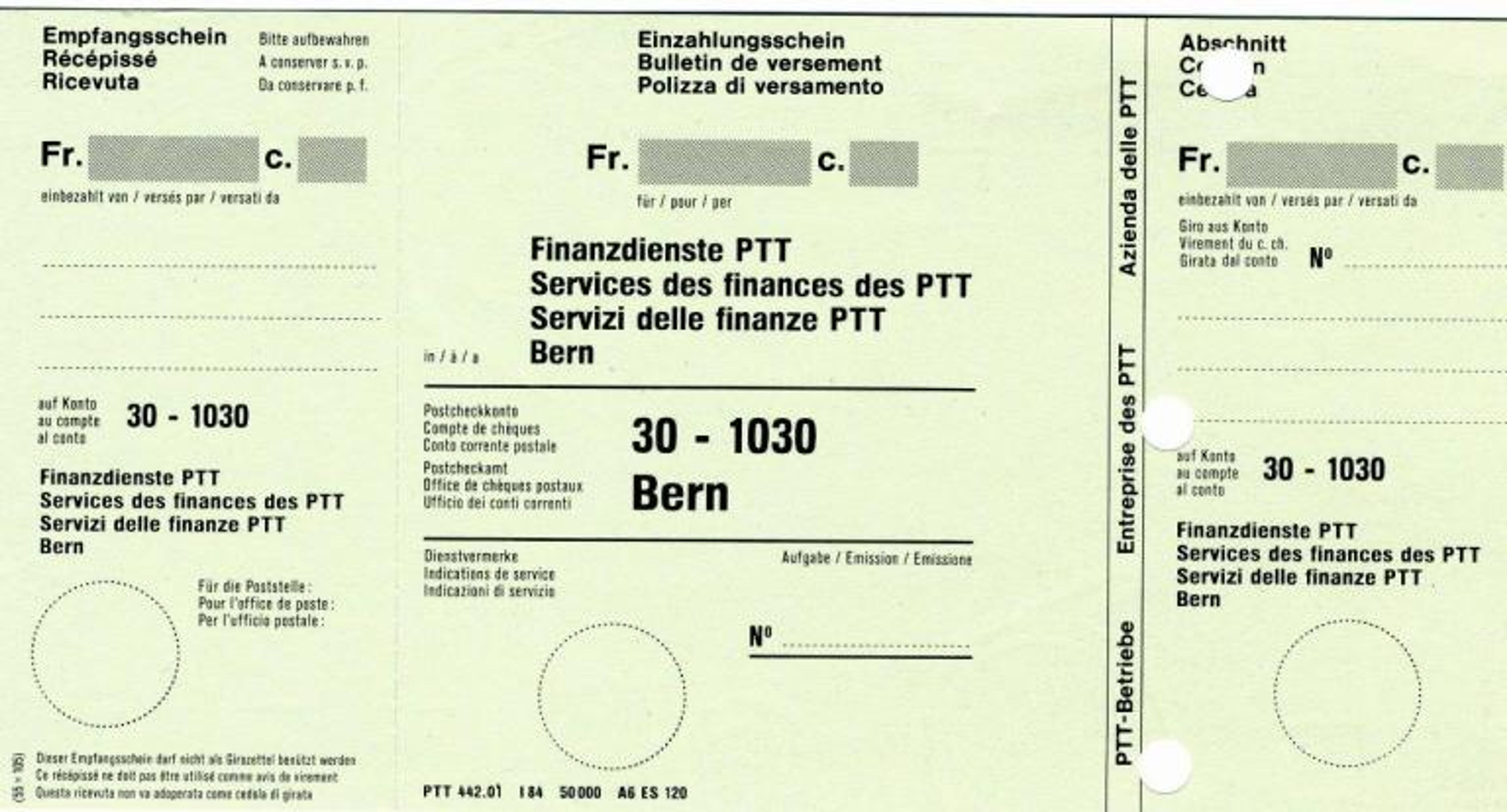 Ein grüner Einzahlungsschein, wie er im Jahr 1984 ausgesehen hatte. I PTT-Archiv, Formular Nr. 442.01, Grüner Einzahlungsschein, 1984
