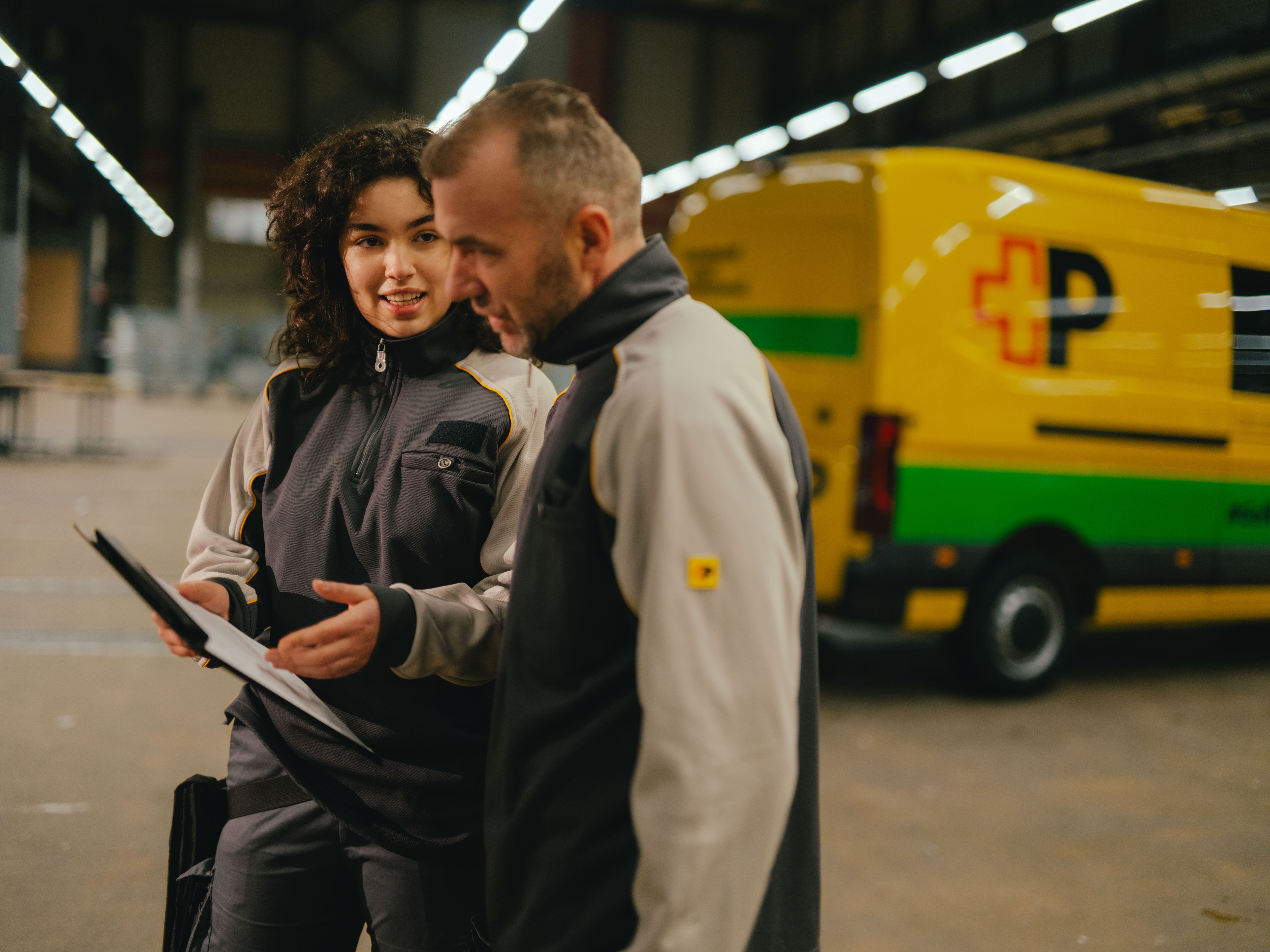 Due persone in abbigliamento da lavoro esaminano un documento in un capannone industriale. Sullo sfondo è visibile un veicolo di consegna giallo con il logo della Posta.