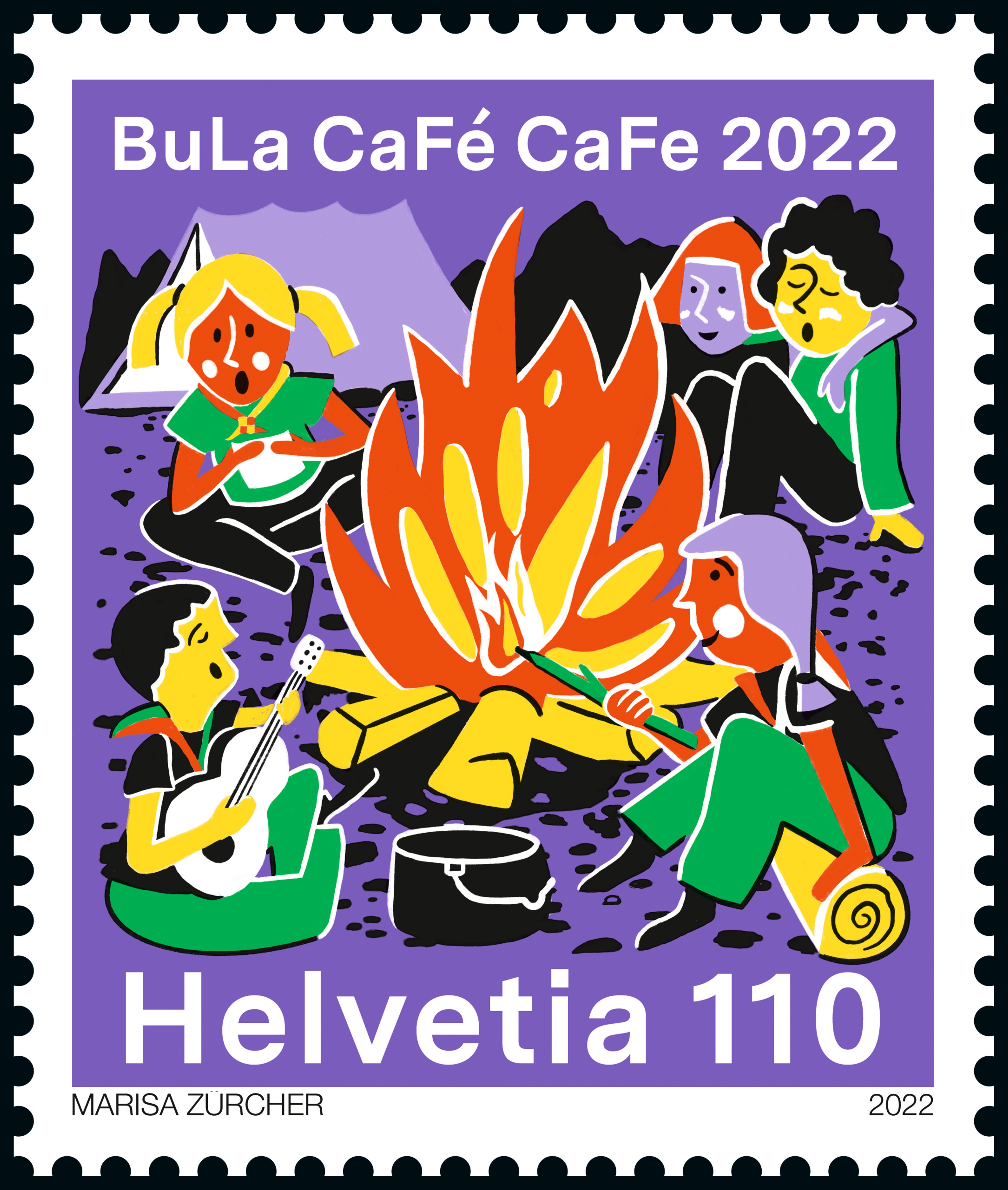 Timbre avec l’inscription « BuLa CaFé CaFe 2022 » et « Helvetia 110 ». Illustration de quatre personnes autour d’un grand feu de camp, l’une joue de la guitare, les autres grillent des guimauves. En arrière-plan, tentes et montagnes. En bas, « Marisa Zurcher » et l’année 2022.
