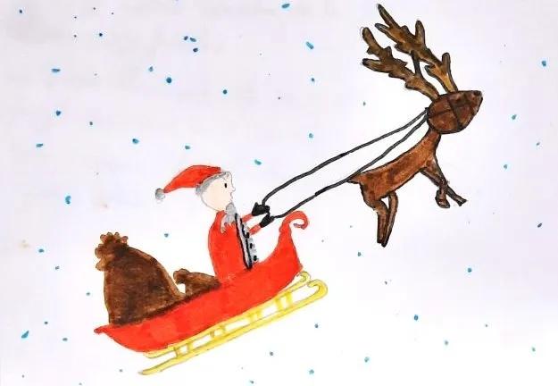 Kinderzeichnung: Weihnachtsmann mit Rentier