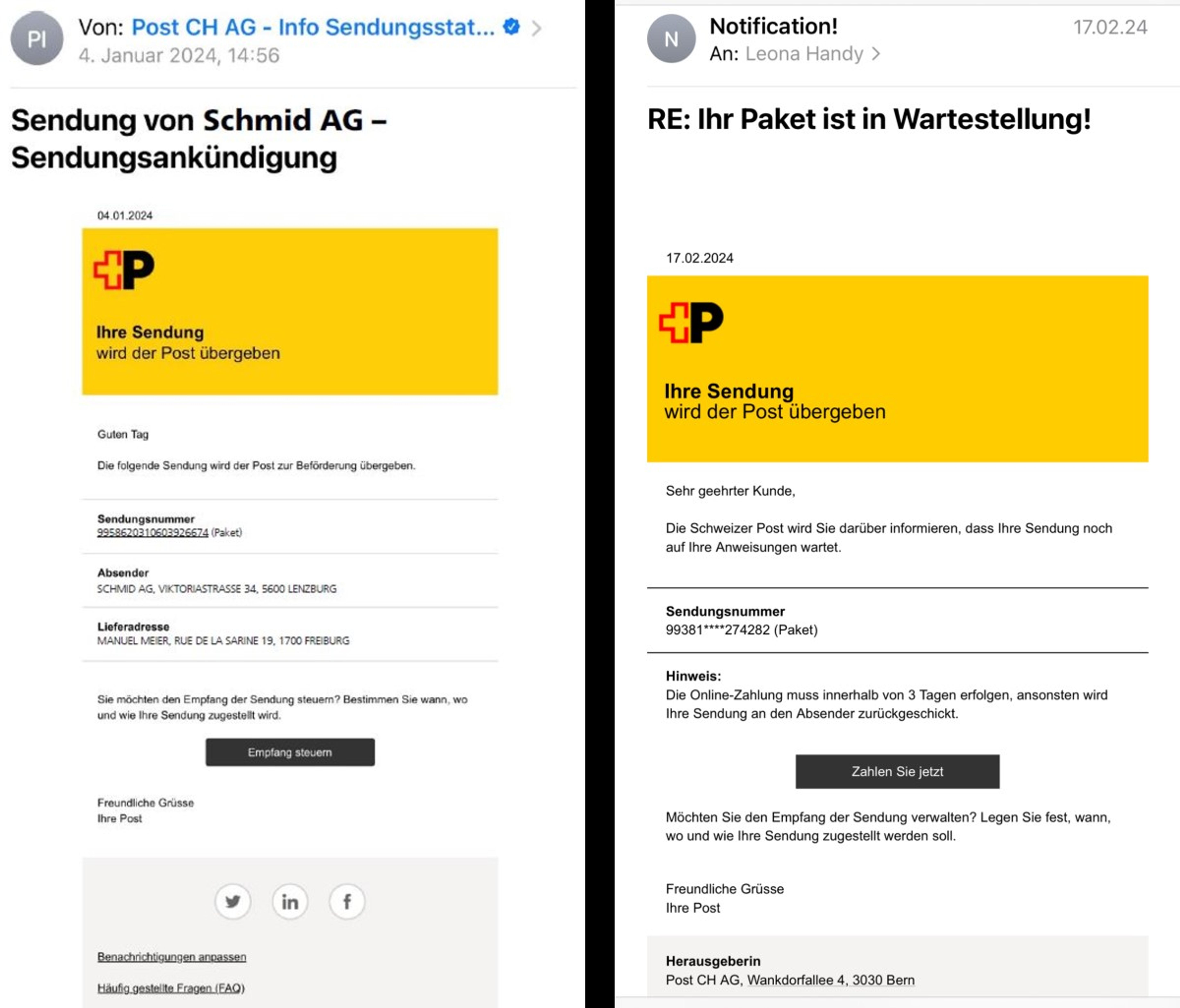 Zwei E-Mail-Beispiele mit dem Logo der Schweizerischen Post und dem Text ‚Ihre Sendung wird der Post übergeben‘. Links eine Sendungsankündigung mit Absender- und Lieferadresse, rechts eine Nachricht mit Zahlungsaufforderung und Hinweis auf Paketwartestellung.